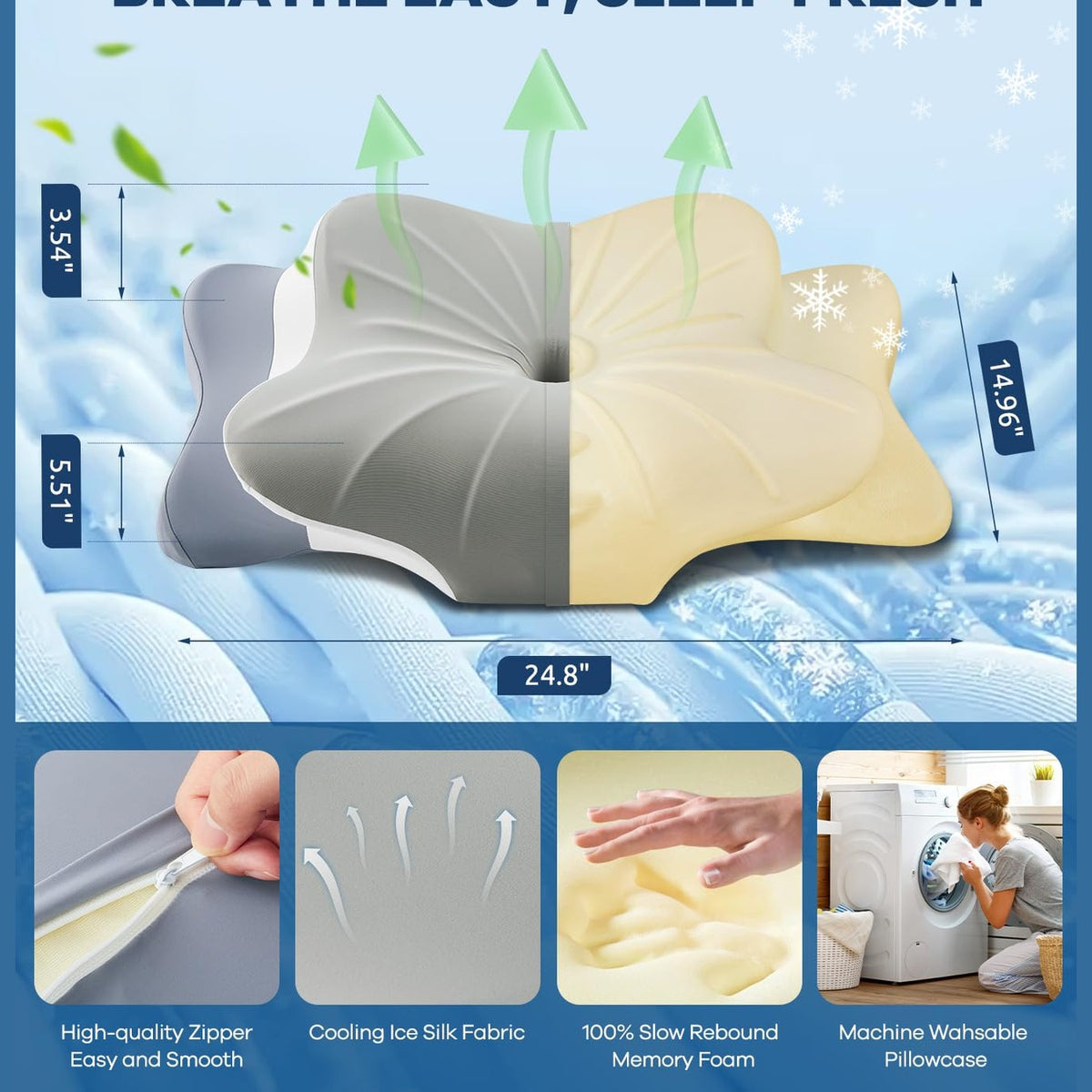 Cervical Pillow for Neck Pain Relief -Cooling Ergonomic Memory Foam Pillow with Ice Silk Pillowcase, Dual-Height Orthopedic Support Contour Pillow for Side/Back/Stomach Sleepers, CertiPUR-US Certified - Medaid International