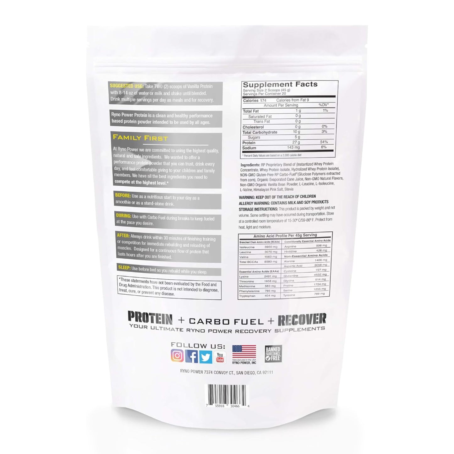 Ryno Power All Natural Whey Protein 2lb (20 Servings) 'Vanilla' - 100% Whey Protein Blend & No Fillers - Non GMO - Medaid International