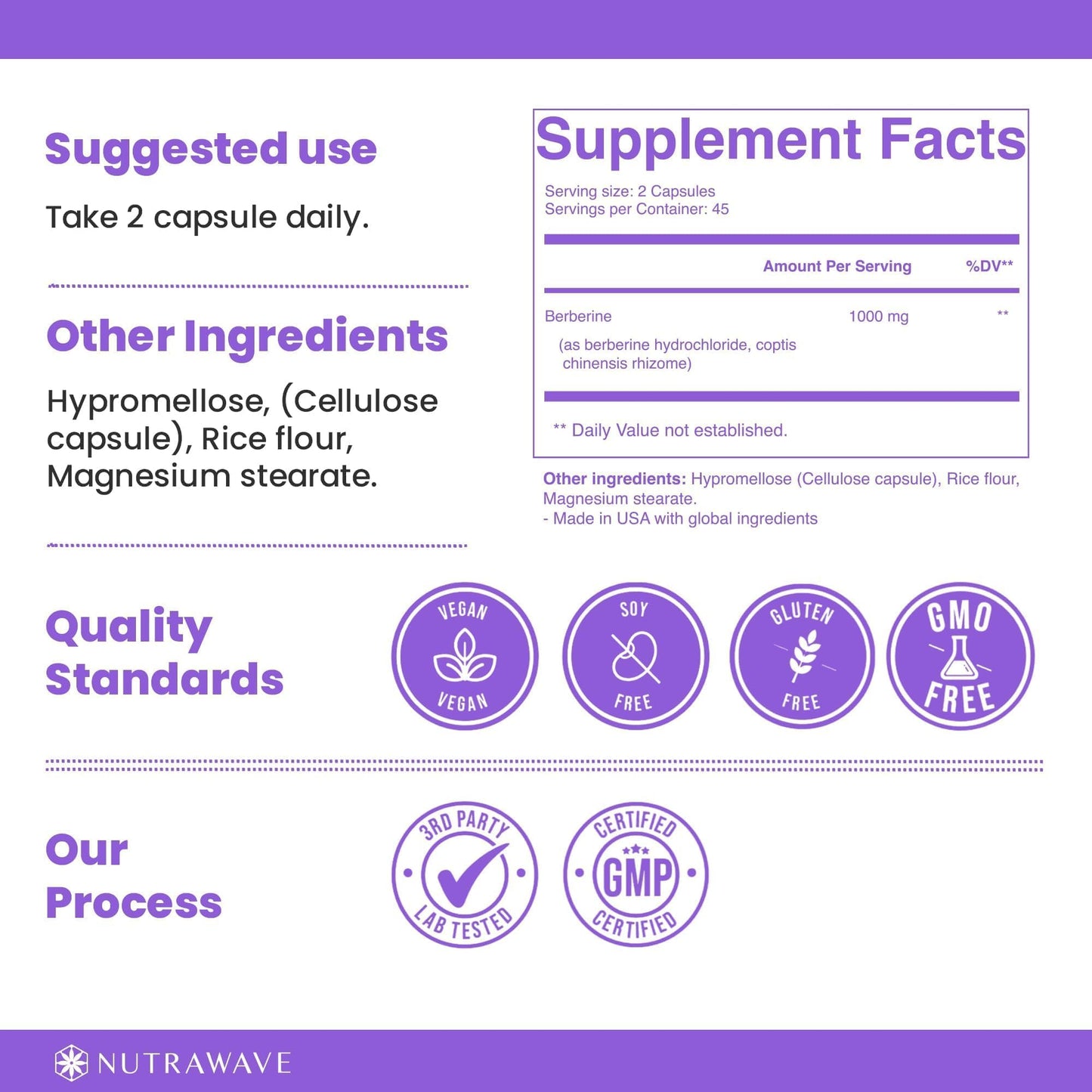 Nutrawave PURE Berberine Maximum Potency - Supports Blood Sugar Levels & Metabolism, 1000mg Per Serving - 2 Capsules - For Adults Seeking Natural Glucose Support - Non-GMO, Vegan - 1 Pack - Medaid International