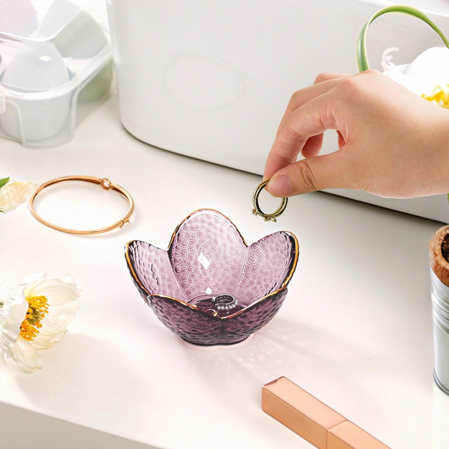 Purple Flower Jewelry Dish Glass Ring Holder Dish Jewelry Tray Cute Vanity Organizer Aesthetic Nightstand Bathroom Room Decor Trinket Dish Valentine's Friendship Christmas Birthday Gifts for Women - Medaid International