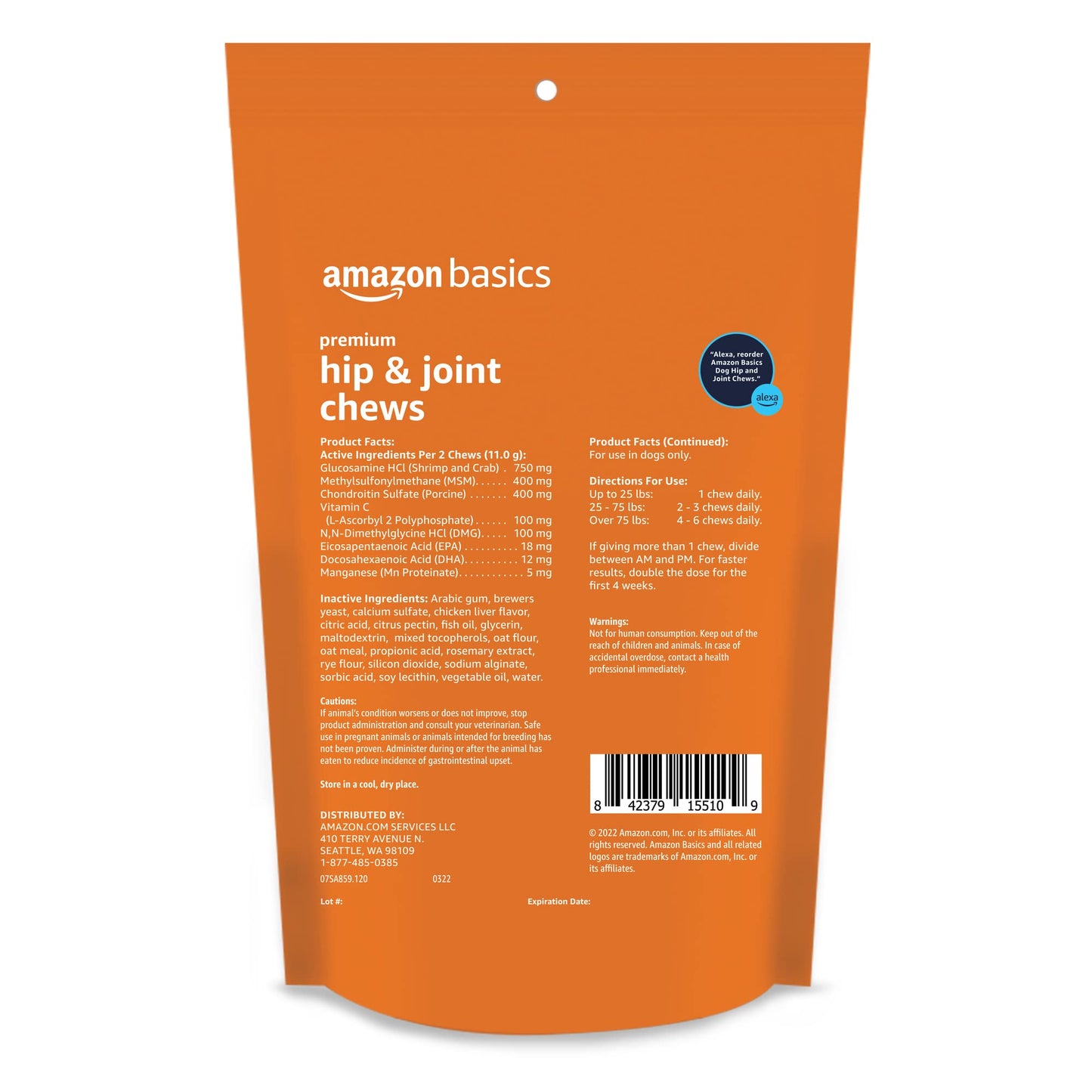 Amazon Basics Premium Dog Hip & Joint Supplement Chews with EPA and DHA, 60 Count (Previously Solimo)