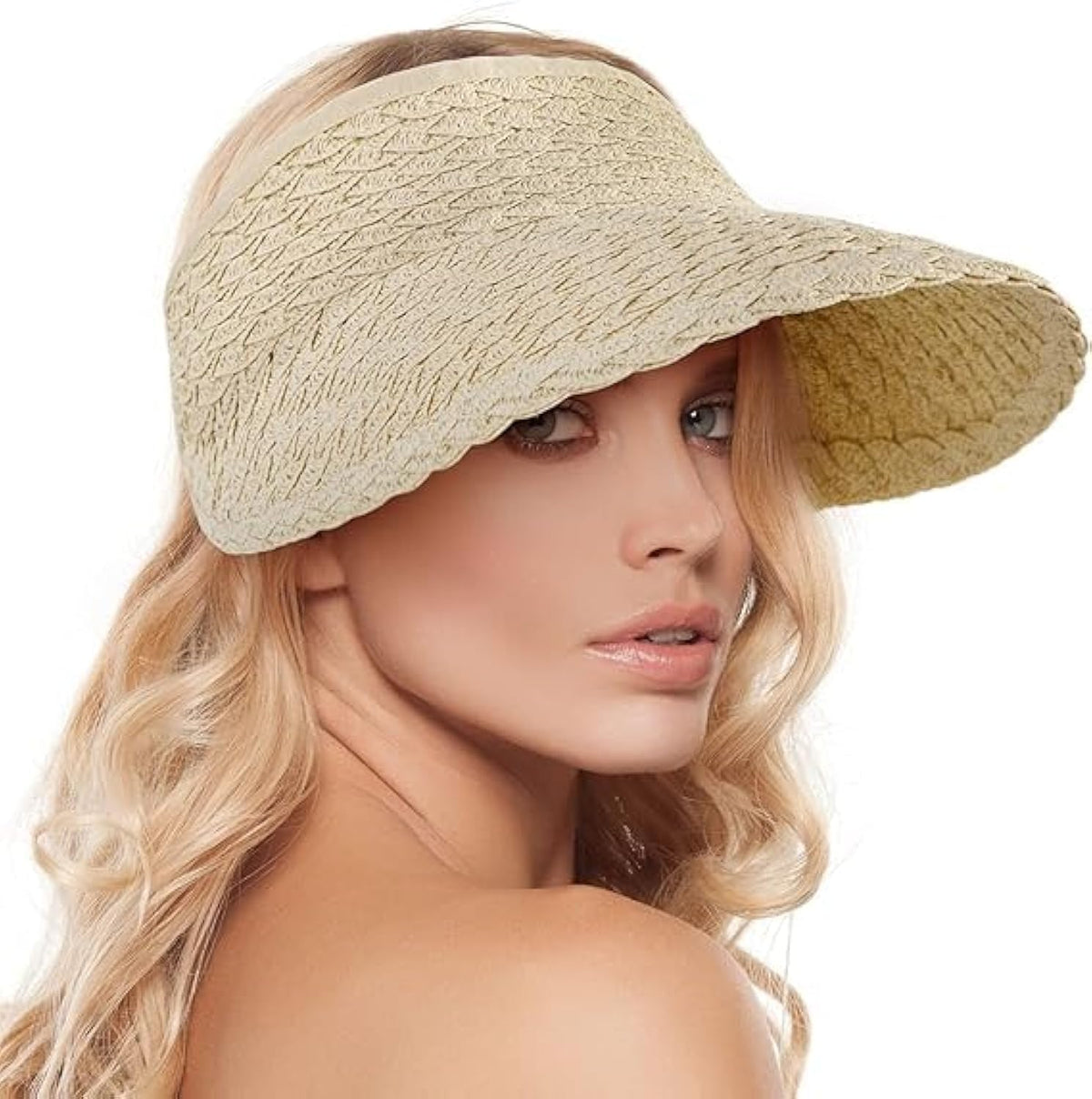 KASTWAVE Women's Wide Brim Sun Hats Roll-up Foldable Straw Golf Visor Hat UPF50 Straw Summer Hat