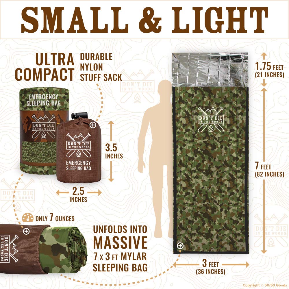 Don’t Die in The Woods - Emergency Sleeping Bag with Hood - Made with Extra Thick Thermal Mylar - Hiking Camping Blanket Survival Gear Essentials Tactical Car Disaster First Aid Kit (Camo)