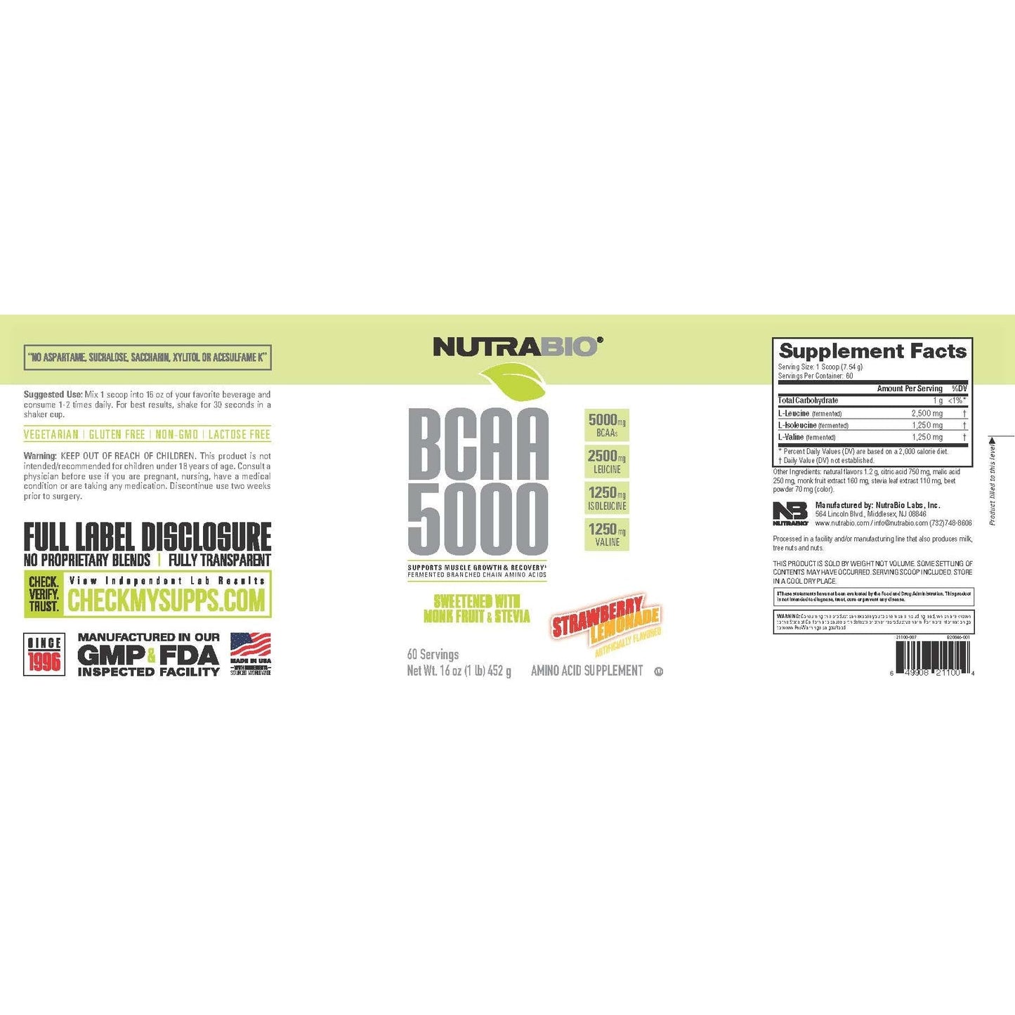 NutraBio BCAA 5000 Powder - Fermented Branched Chain Amino Acids for Muscle Growth & Recovery - Natural Flavors, Sweeteners, and Coloring, Vegan, Gluten Free - Strawberry Lemonade, 60 Servings - Medaid International