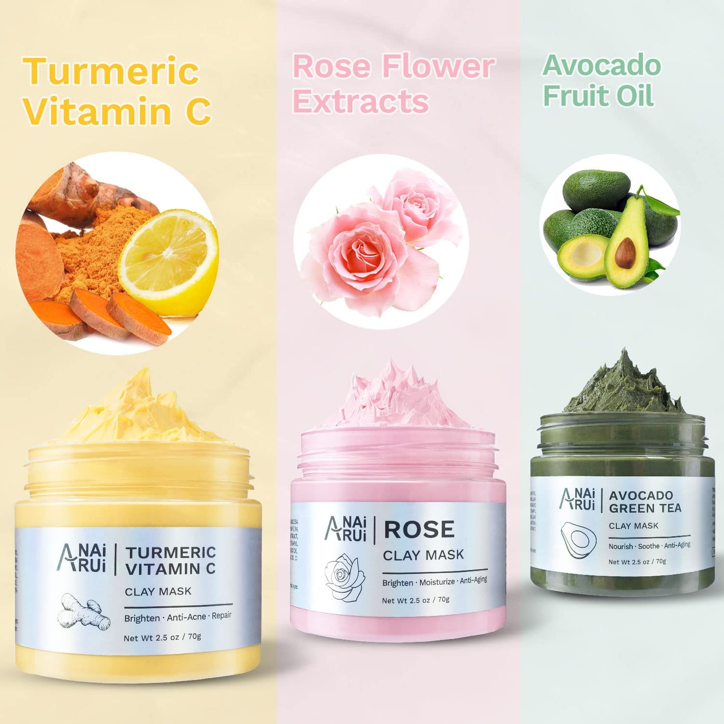 ANAI RUI 3 Pack Pore Purity Cleansing Clay Mask Set Absorbs Excess Oil,Turmeric Vitamin C Clay Mask -Rose Facial Mask -Avocado Green Tea Mud Mask,Facial Mask Skincare for Deep Cleansing 2.5 oz each - Medaid International