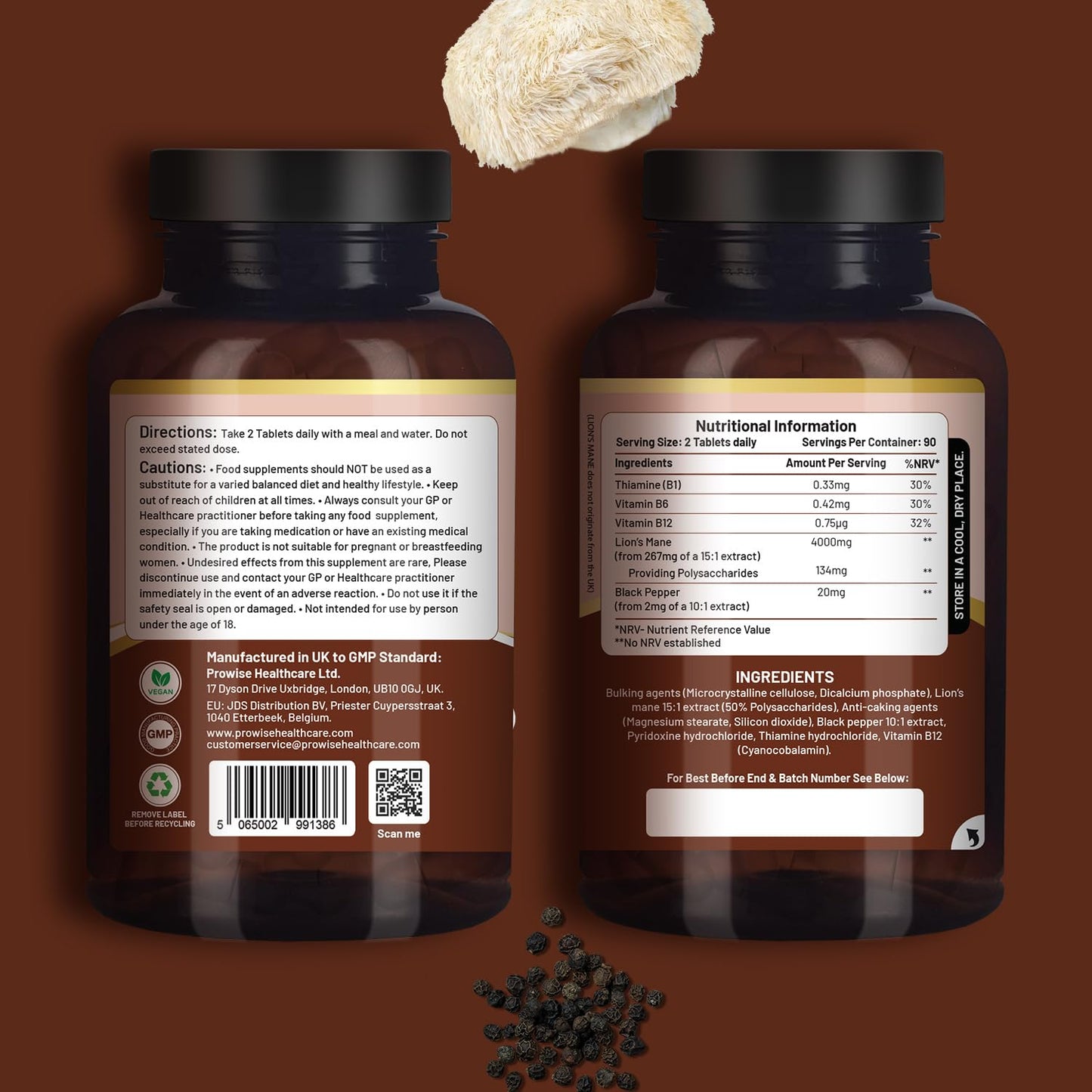 Lions Mane Mushroom Supplement 4000mg with Vitamin B1, B6, B12 & Black Pepper - 180 Super Strength Vegan Tablets with 50% Polysaccharides (Not Powder or Capsules) | Made in The UK by Prowise - Medaid International