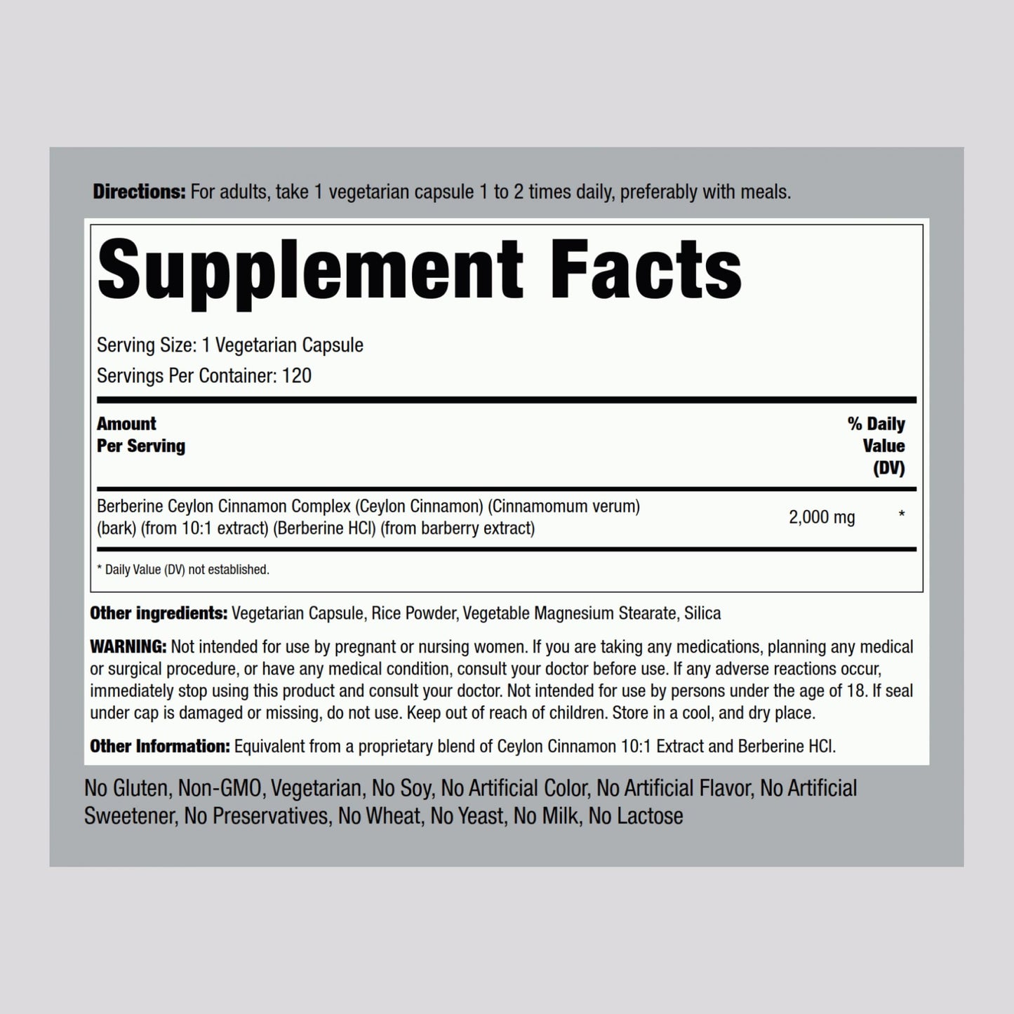 Piping Rock Berberine with Ceylon Cinnamon Supplement | 2000 mg | 120 Capsules | Vegetarian Complex | Non-GMO, Gluten Free - Medaid International