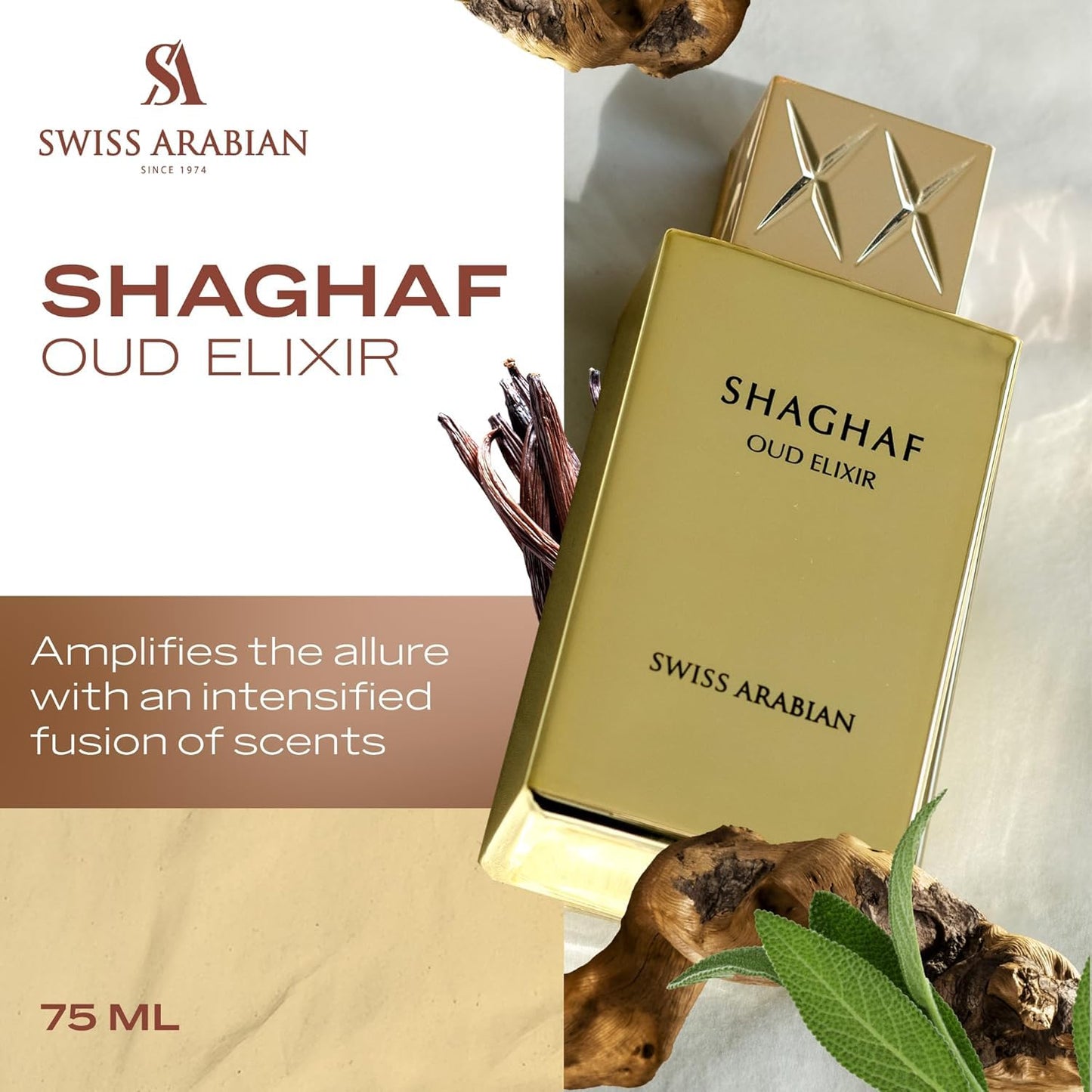 Swiss Arabian Shaghaf Oud Elixir Oud, Gourmand, Amber Fragrance - Notes of Saffron - Perfume for Women and Men - 2.5 oz EDP Spray - Medaid International