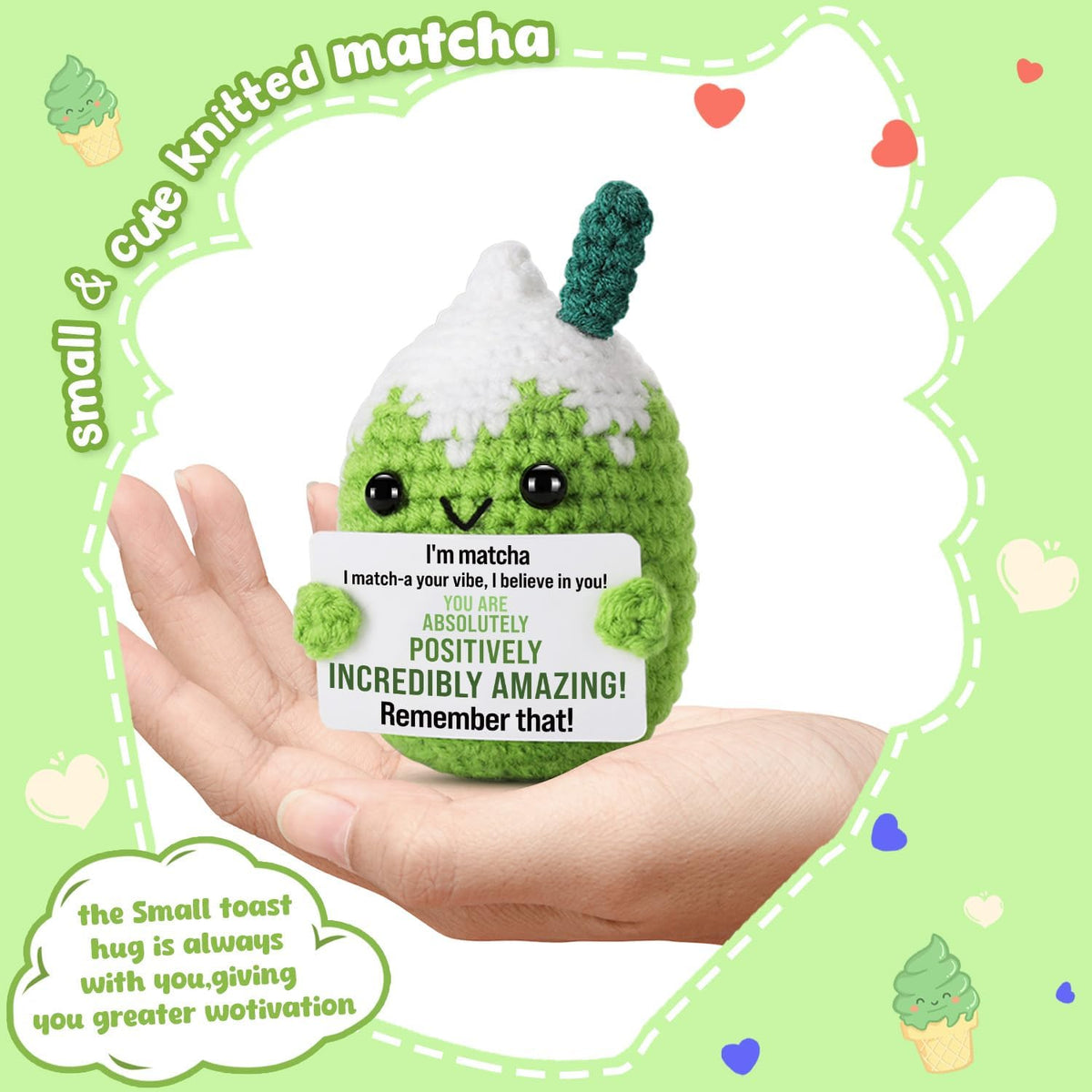 KASTWAVE Crochet Matcha Buddy Doll, with Positive Vibes Card, Handmade Emotional Support Crochet Inspirational Gifts, Inspirational Birthday Gift for Girlfriend Gifts, Coworker, Employee, Boss Gift
