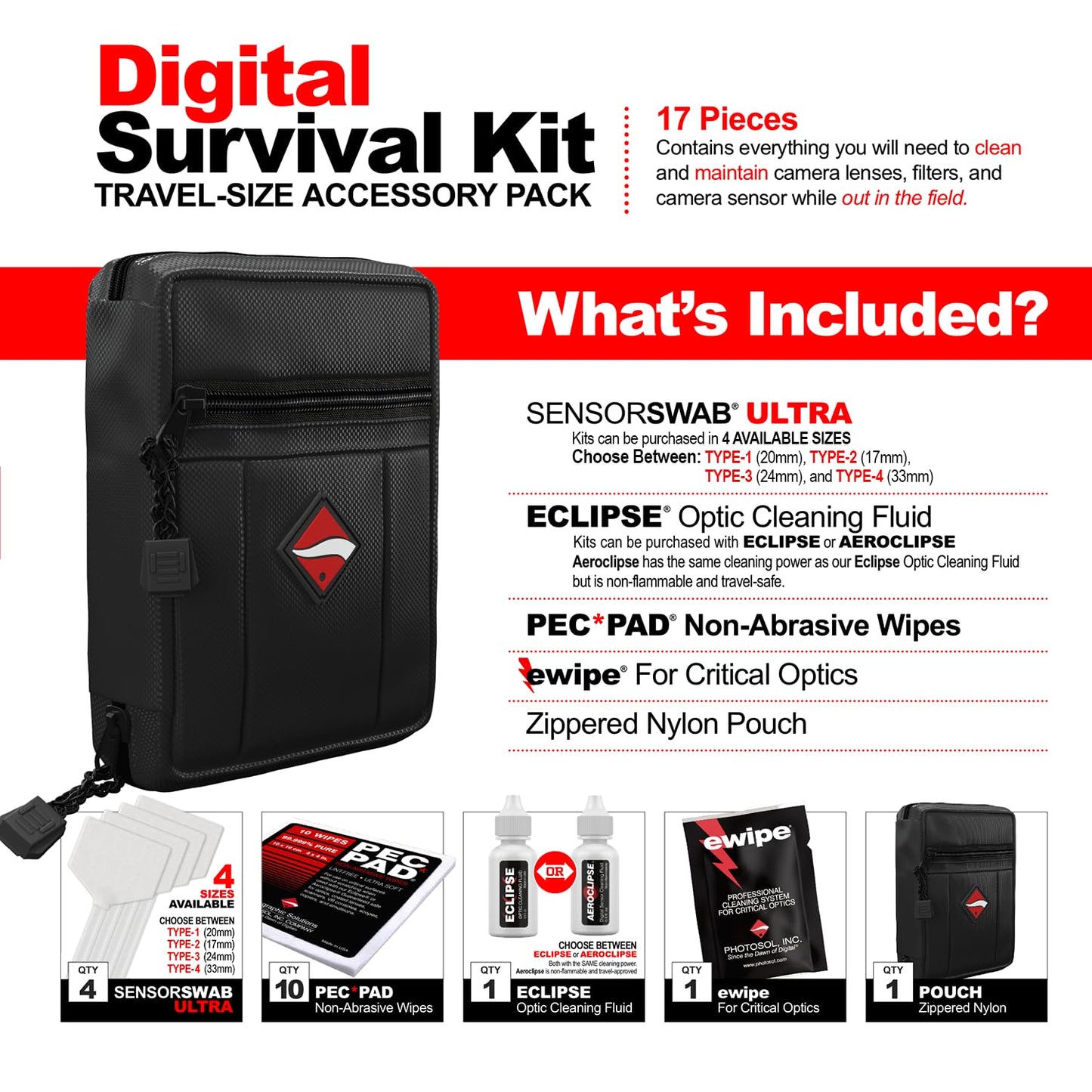 Photographic Solutions Digital Survival Kit - Type-1 (20mm) Sensor Swab, PEC-PAD Photo Wipes, E-Wipe Packet, Eclipse Optic Cleaning Fluid - Camera Cleaning Kit with Travel Bag
