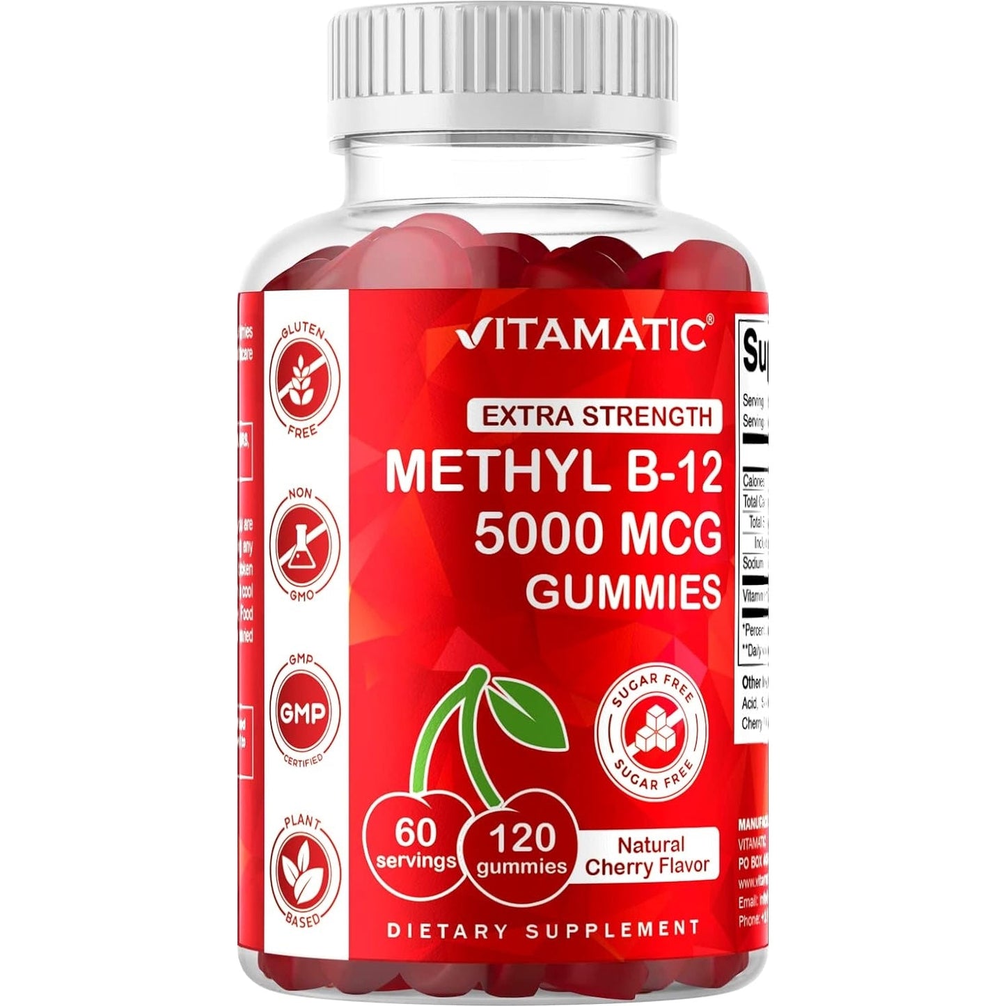 Vitamatic Extra Strength Vitamin B12 5000 mcg (Methyl B12) Gummies - 120 Count - Energy Metabolism Support and Nervous System Health Support, Natural Cherry Flavored (1) - Medaid International