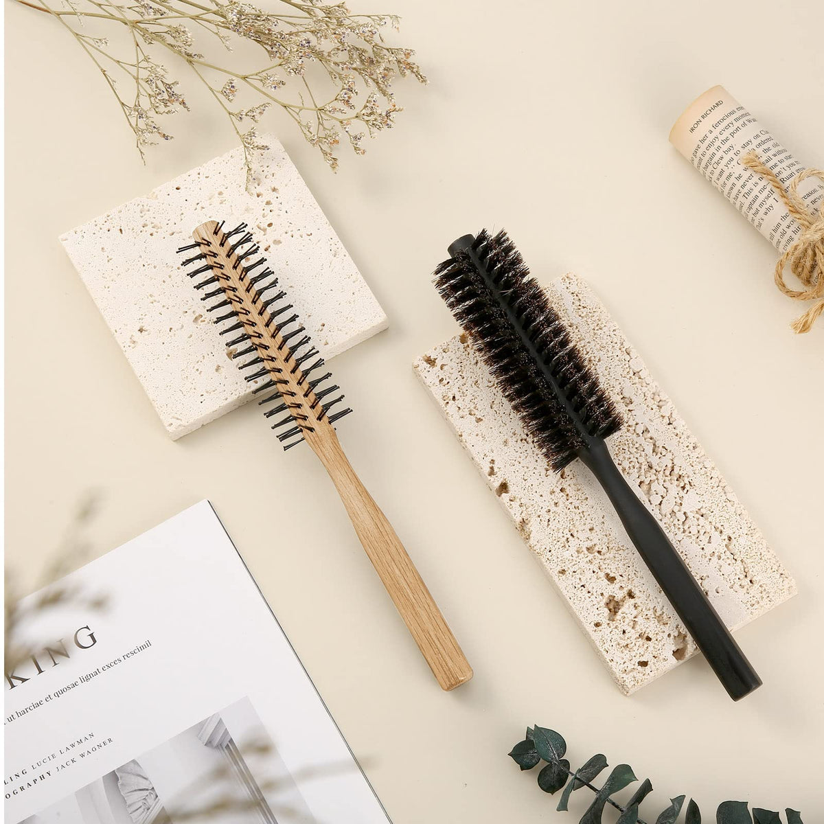TERRIFI 2 Pieces Thick Round Hair Comb Bristle Round Hair Brush Blow Drying Hairbrush Small Brush Short Hair Massage Comb Head Massage Round Brush Roll Hairbrush for Wet or Dry Hair