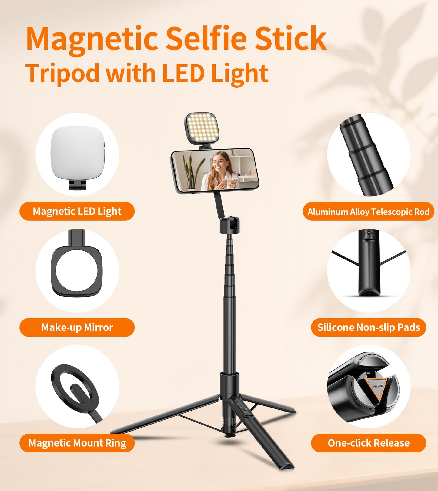 TONEOF 173cm Magnetic Mobile Phone Tripie with Light, 360° Rotating Selfie Stick Tripod, Mobile Phone Tripod with Metal Ring and Remote Control, Video Kit Compatible with iPhone and Android - Medaid International