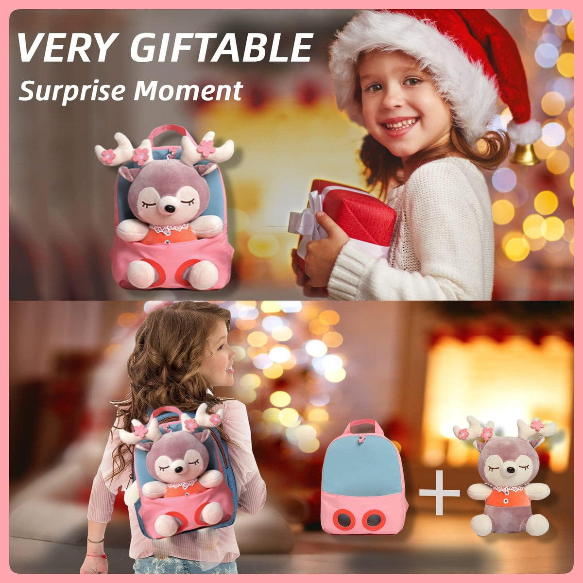 TERRIFI Little Doll Stuffed Animal kids Plush Backpack, Lovely Toddler Backpack, Cartoon Preschool Purse for Kids, Suitable for 2-6 Years Girl Boy (Pink)