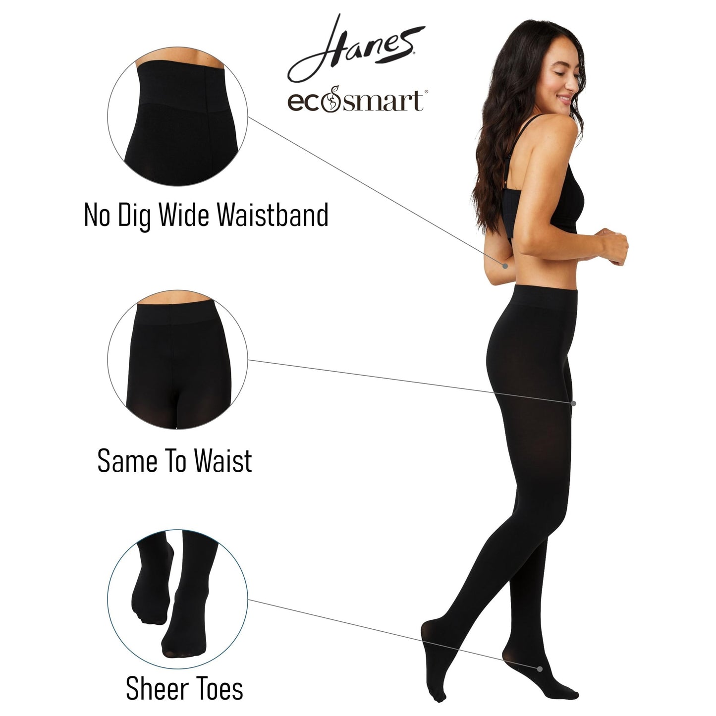 Hanes EcoSmart Blackout Tights, Same to Waist, Sheer Toe, Black, Size Small (Pack of 1) - Medaid International