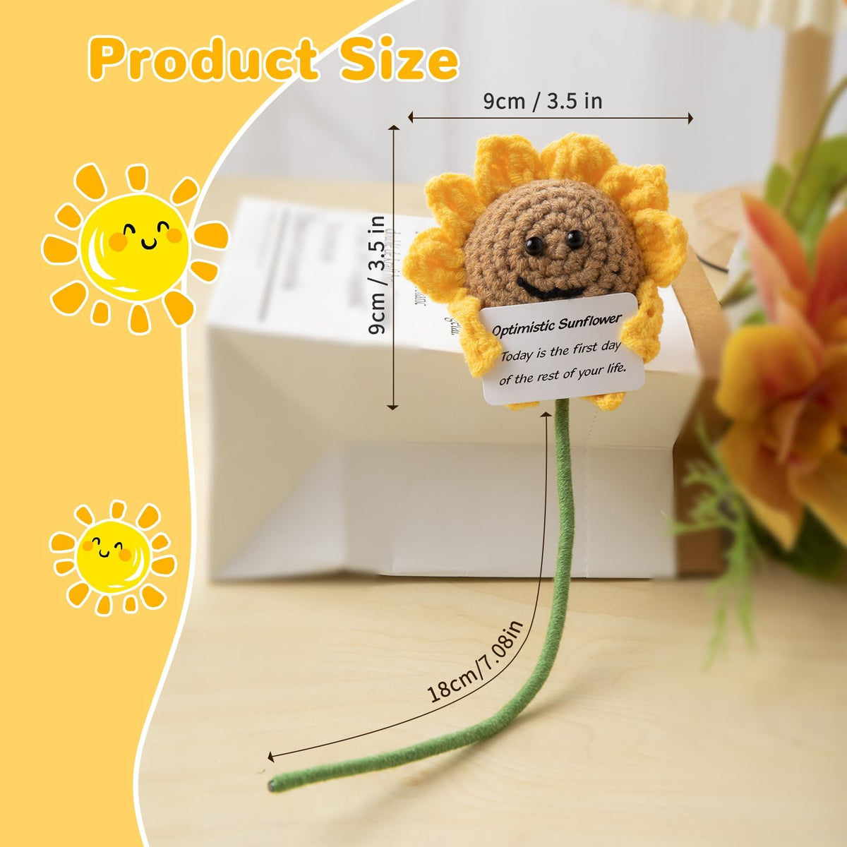 KASTWAVE Positive Flower Doll, Gifts Funny Crochet Flower Knitted Toy with Positive Card, Soft Handmade Wool Knitted Encouragement Gifts for Birthday Gifts, Room Decor, Positive Sunflower