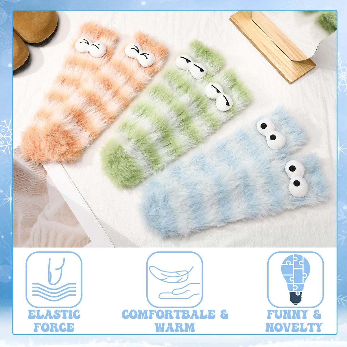 KASTWAVE 3 Pairs Fluffy Cartoon Monster Socks for Women, Cozy 3D Velvet Funny Sleep Cute & Quirky Warm Winter Socks for Halloween & Birthday, Foot Size 38-42