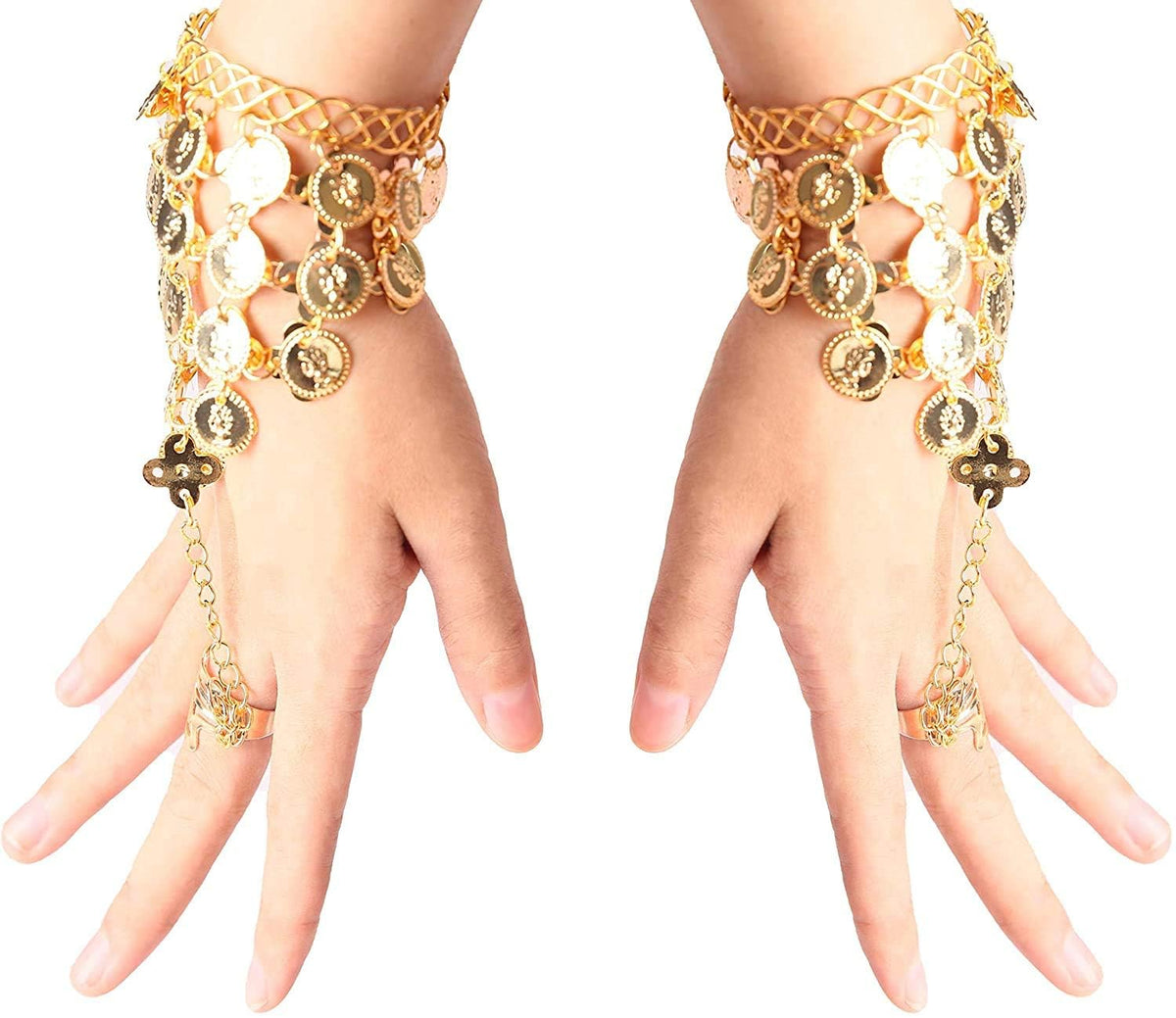 TERRIFI Belly Dance Jewelry Set Women Belly Dance Gold Sequins Head Chain Coins Necklace Earrings Bracelets Bohemian Tassel Anklet Chain for Cosplay Halloween Dance Accessories