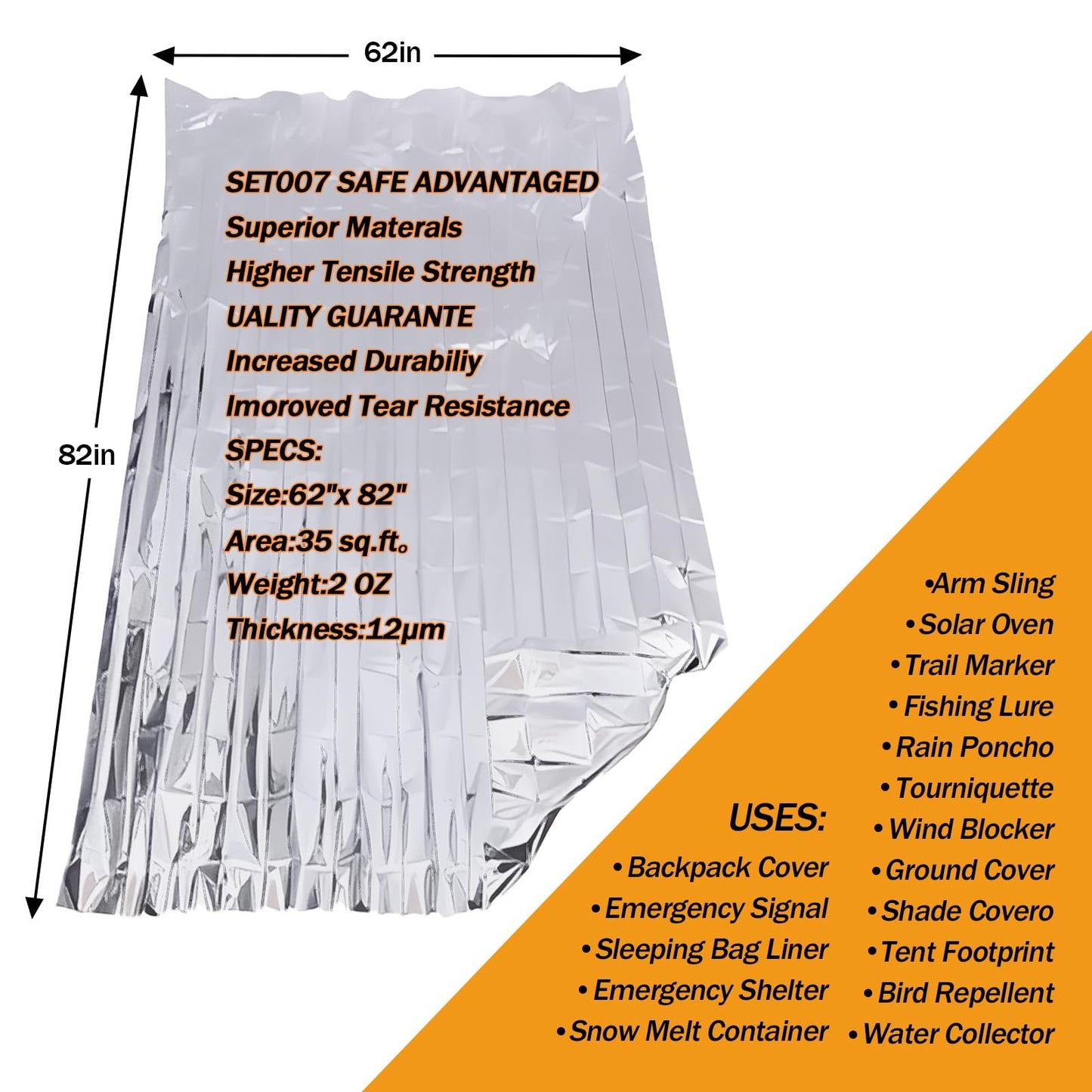 SET007 5-Pack Emergency Mylar Thermal Blankets, 82"x62" Space Blankets Foil Blanket, XL Camping Blanket for Outdoors, Hiking, Survival kit, Bug Out Bag,Marathons or First Aid, Silver
