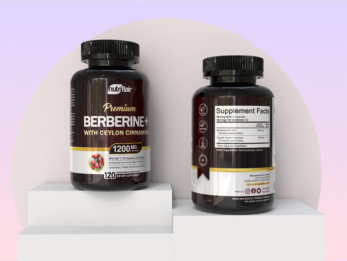 NutriFlair Berberine 97% HCl with Ceylon Cinnamon Supplement, 120 Capsules – High Potency, Premium Quality, Vegan-Friendly – 60 Servings - Medaid International