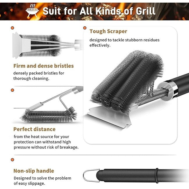 18” BBQ Grill Brush with Scraper – Heavy-Duty Cleaner