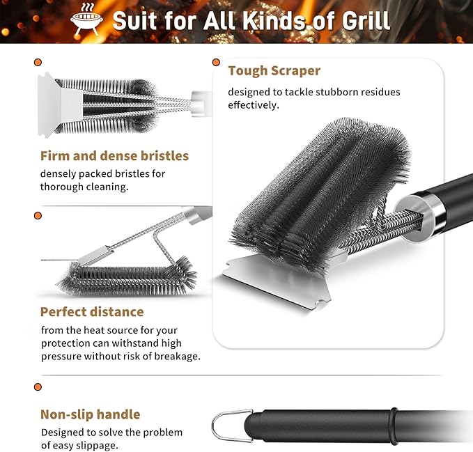18” BBQ Grill Brush with Scraper – Heavy-Duty Cleaner