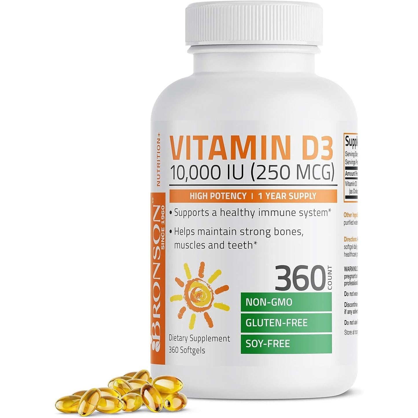 Bronson Vitamin D3 10,000 IU (250 mcg) High Potency - Supports Healthy Immune System, Strong Bones, Muscles & Teeth - Non GMO, 360 Softgels (1 Year Supply) - Medaid International