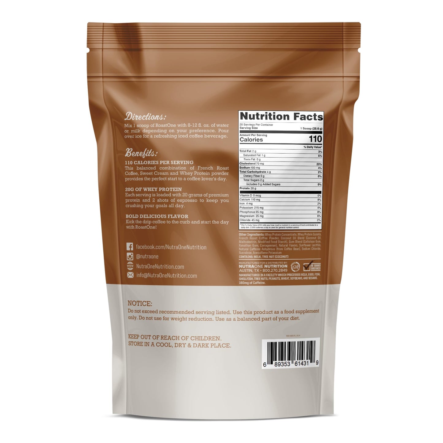 NutraOne RoastOne Coffee Protein Powder Coffee Infused Whey Protein Powder for Energy & Focus, 160mg Caffeine and 20g Protein (Sweet Cream – 1.35 lbs.) - Medaid International
