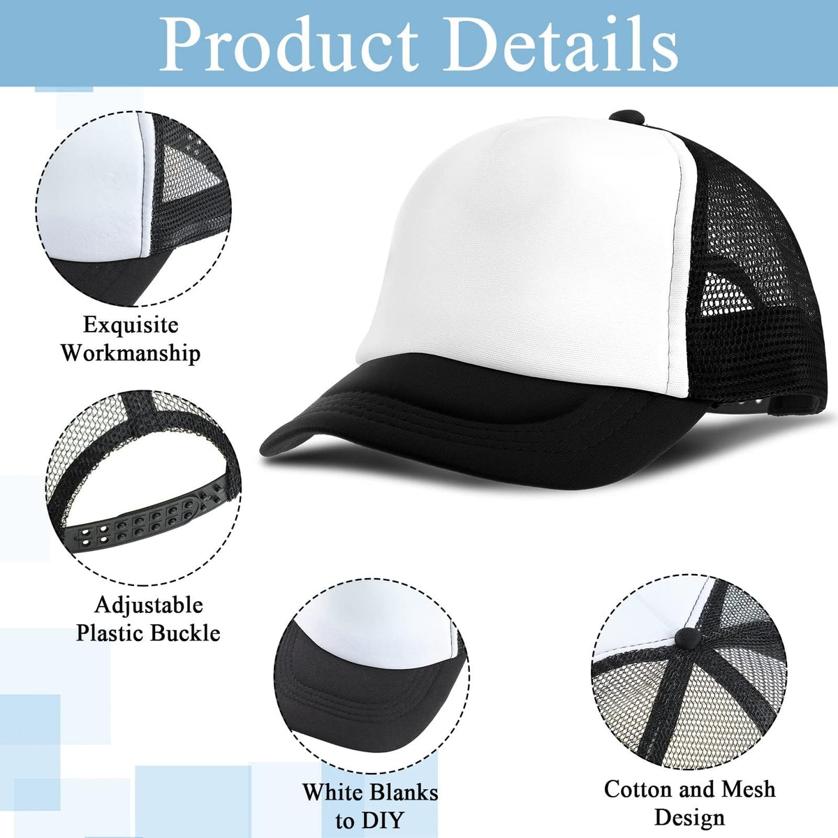 TERRIFI 12 Pack Adjustable Sublimation Blank Hats Baseball Caps, Printing Custom Polyester Plain Mesh Trucker Hat, Suitable for Outdoor, Unisex