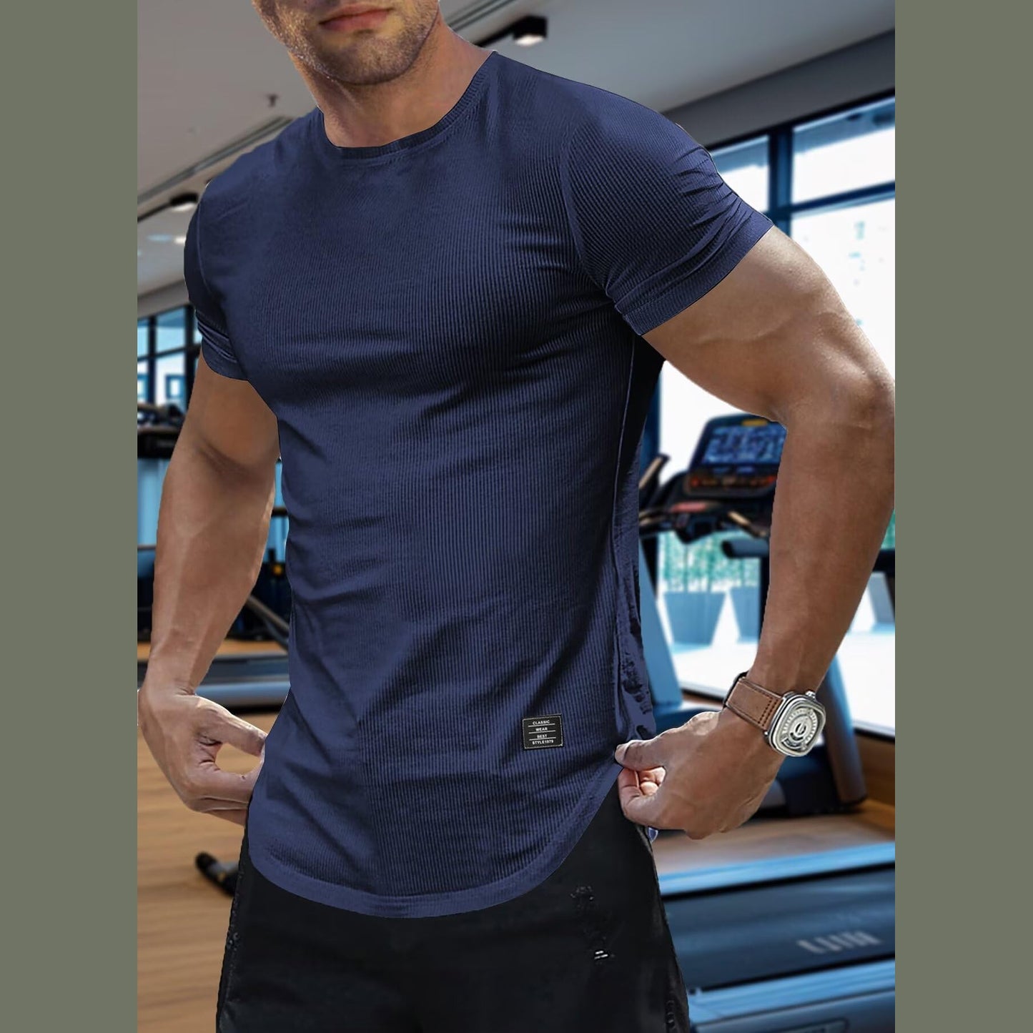 Mens Summer Lightweight T-Shirts Short Sleeve Casual Muscle Tee Textured Shirt(Navy Blue XL - Medaid International