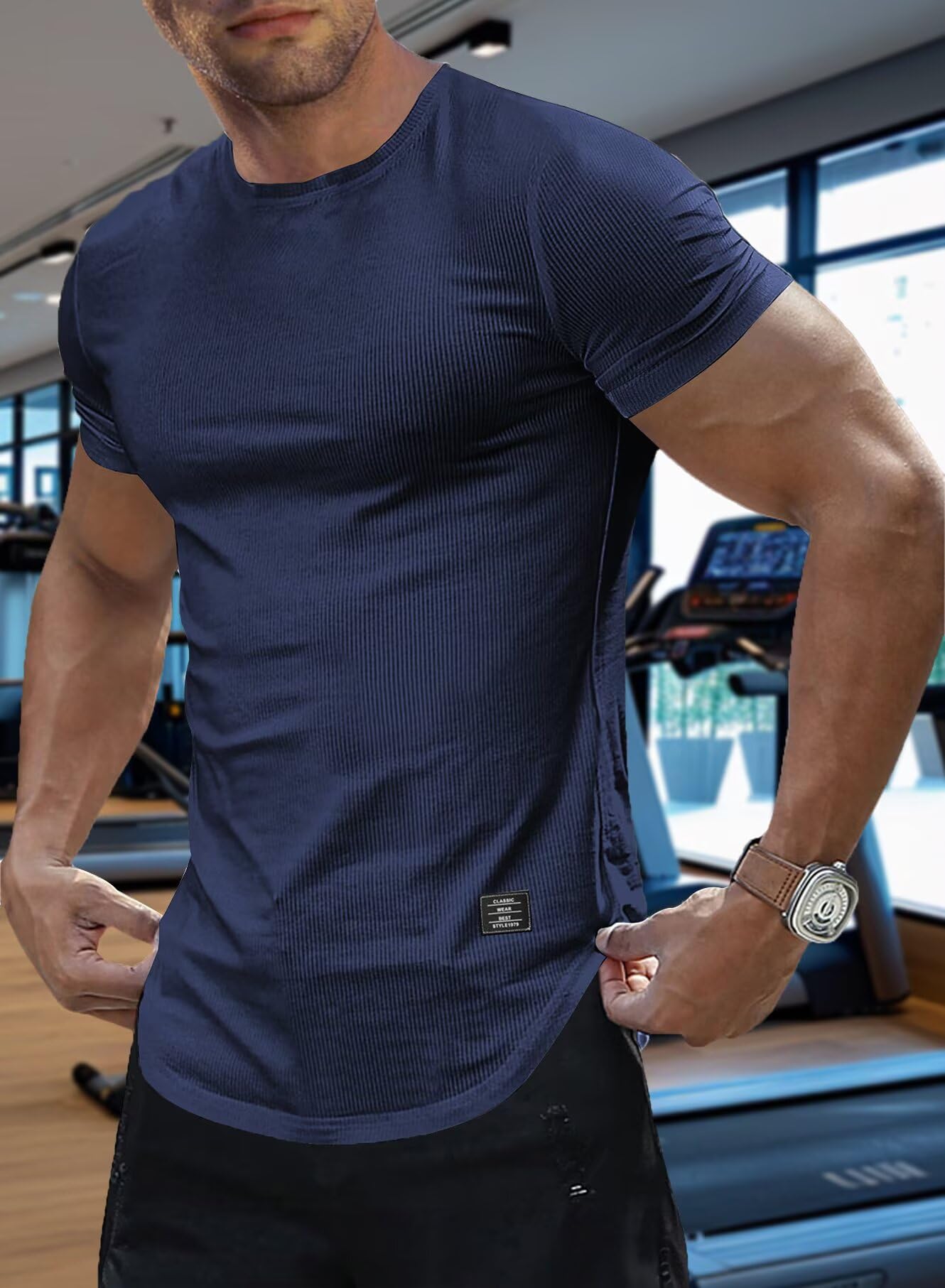 Mens Summer Lightweight T-Shirts Short Sleeve Casual Muscle Tee Textured Shirt(Navy Blue XL - Medaid International