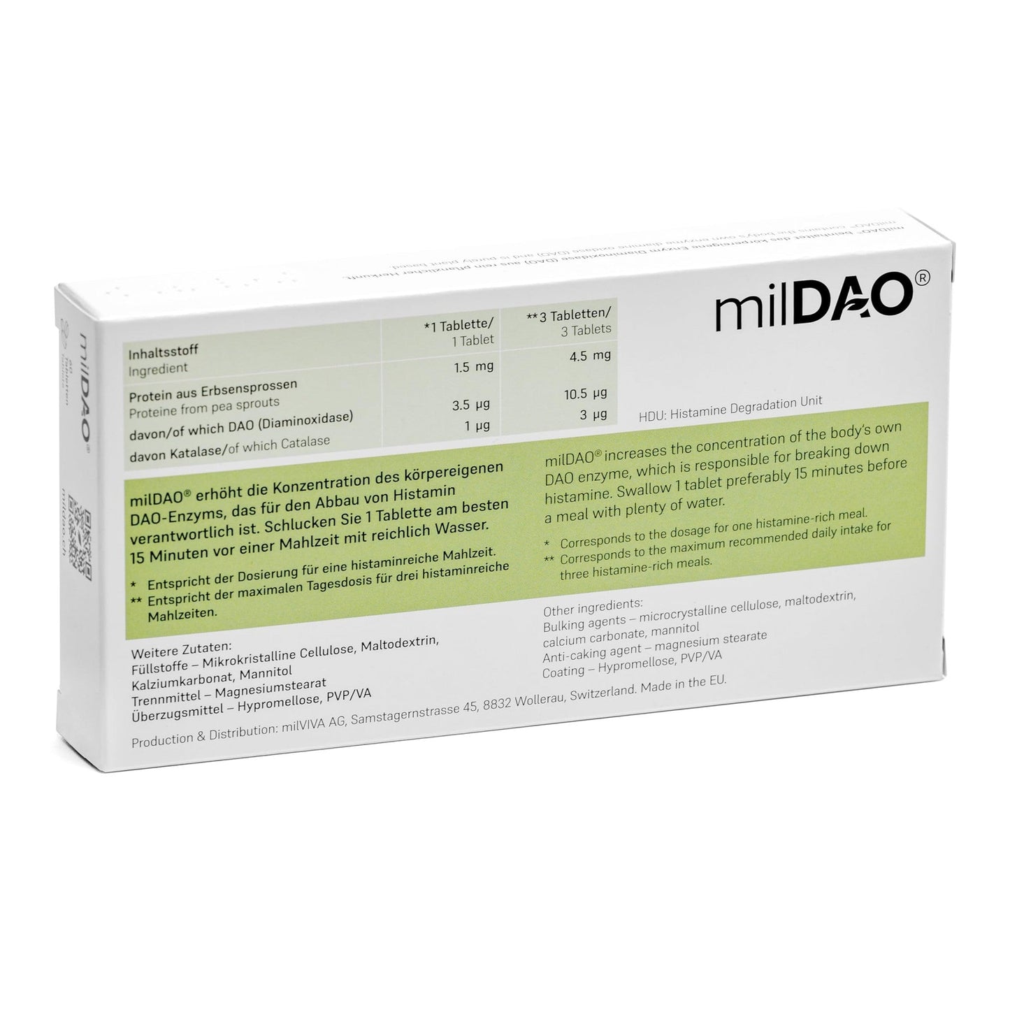 milDAO® – 30 Vegan Tablets | DAO Enzyme Supplement for Histamine Intolerance | 1,000,000 HDU per Tablet | with Catalase | Lyophilized | Foil Pouch with Silica Gel for Maximum Stability - Medaid International