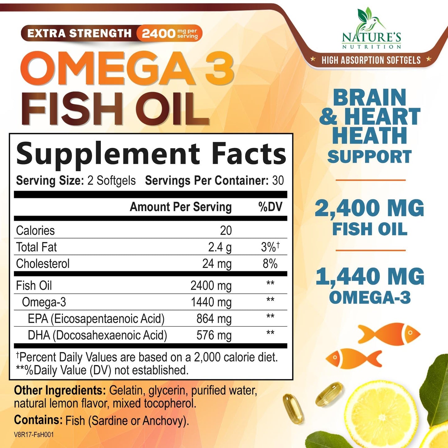 Omega 3 Fish Oil 2400 mg – Triple Strength EPA & DHA Fatty Acids for Heart, Brain & Joint Support – Wild-Caught, Burpless, Lemon Flavor Supplement – Natural, Non-GMO, Gluten-Free – 60 Softgels - Medaid International