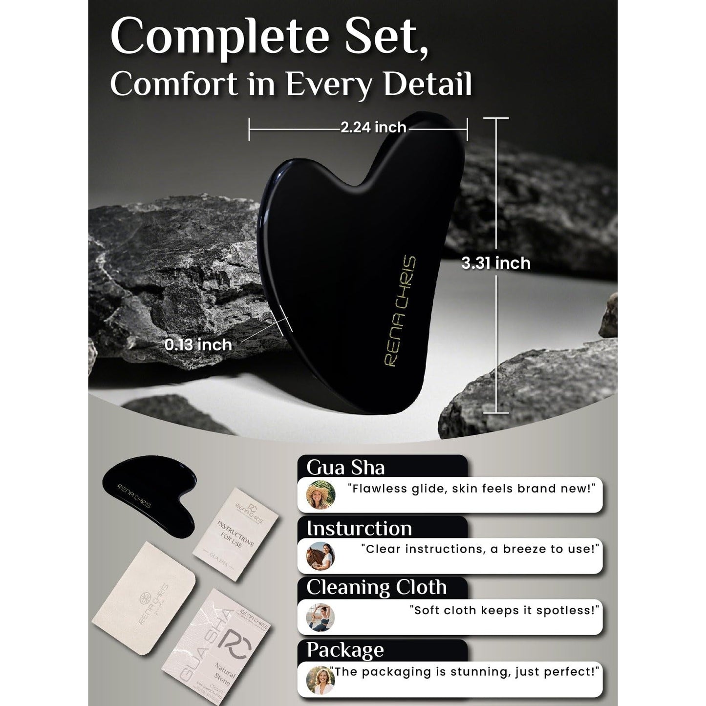 Rena Chris Gua Sha Facial Tools: Natural Obsidian Guasha Tool for Face Acupuncture Therapy, Facial Massager for Jawline Sculpting and Puffiness Reducing (Black) - Medaid International