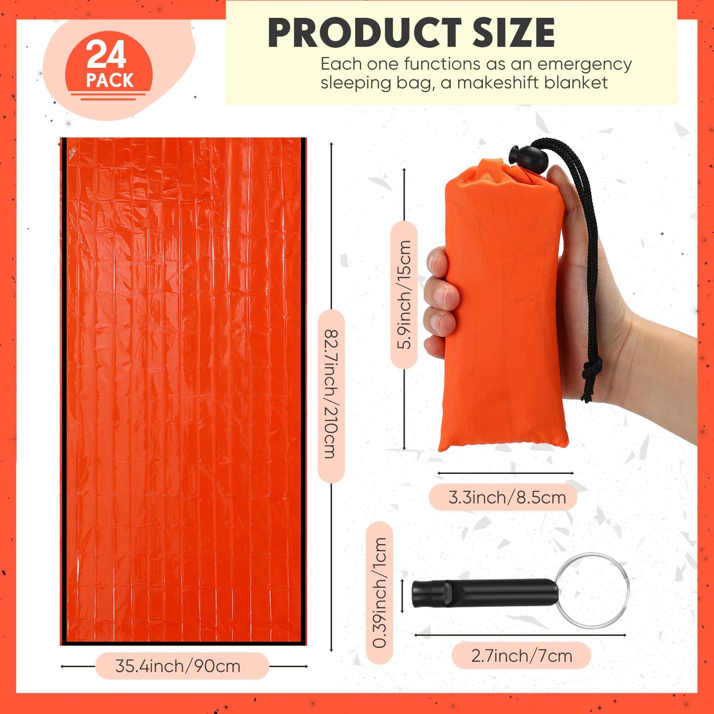 Qunclay 24 Set Emergency Sleeping Bag Survival Bivvy Sack Blanket with Whistles Lightweight Portable Thermal Survival Bag Thick Tent with Hood Extension Nylon Stuff Sack for Camping Hiking Outdoor