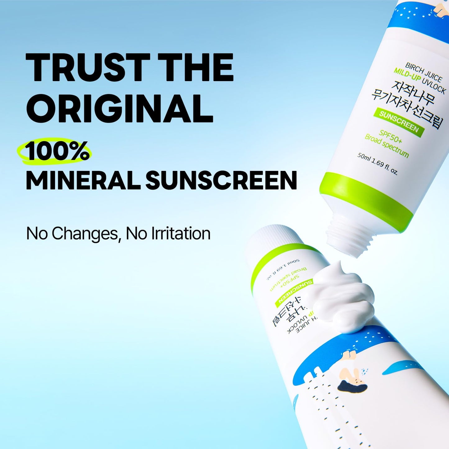 ROUND LAB Birch Juice Mild-up Sunscreen UV LOCK 1.69 Fl Oz | SPF 50+ broad spectrum, Mineral Zinc Oxide, for Sensitive Skin, Control Oil and Sebum, Korean Sunscreen - Medaid International