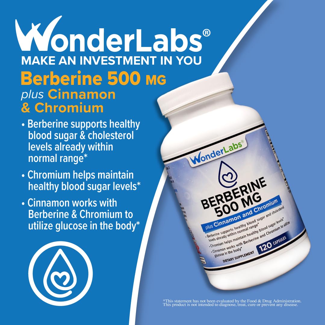 Wonder Laboratories Berberine HCL 1,500mg + Cinnamon, Chromium, & Bioperine Maintenance for Glucose, Heart & Immune System Health Gluten & GMO Free - 60 Capsules - Medaid International