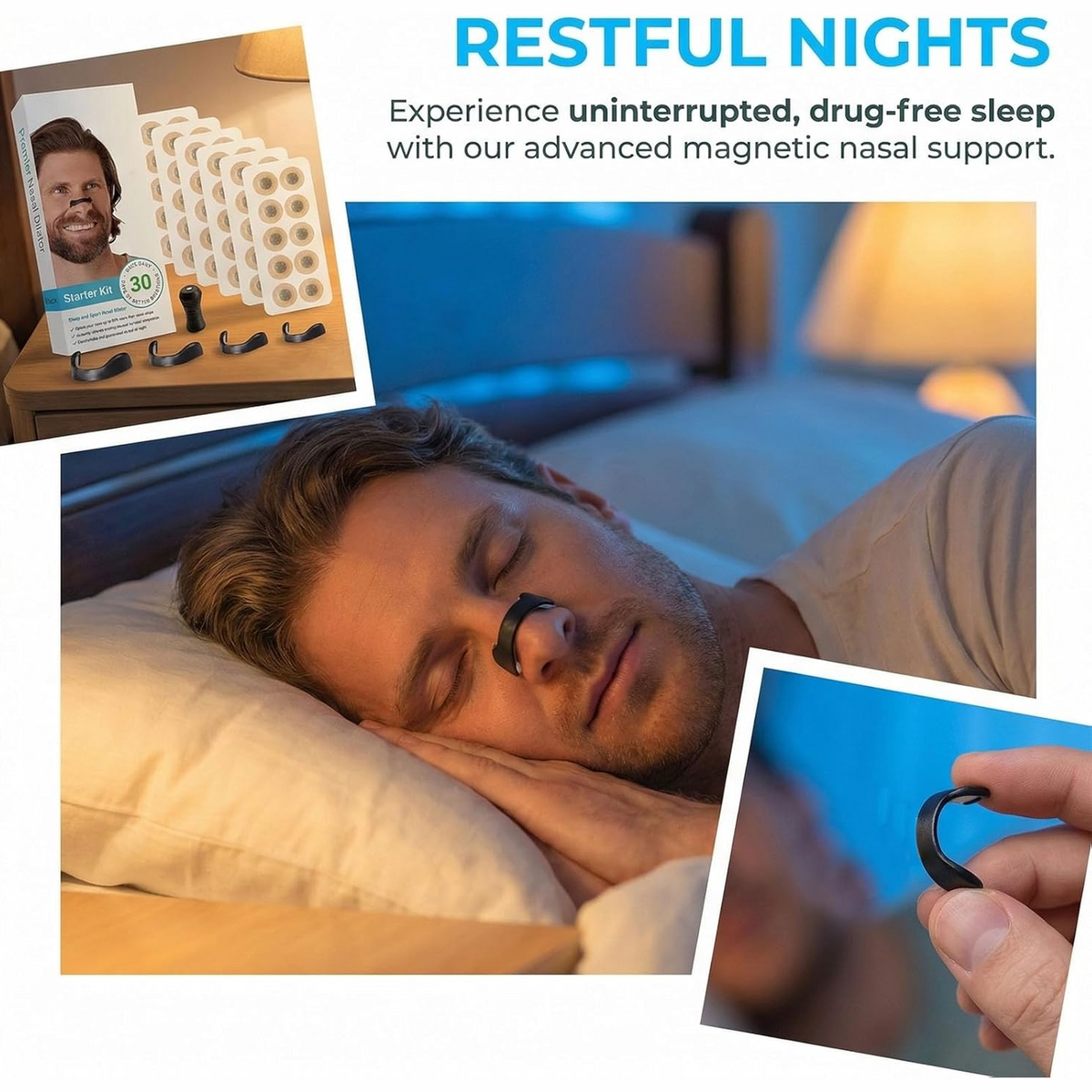 Magnetic Nasal Strips Snoring Relief Kit with Nose Clip - Breathing enhancer