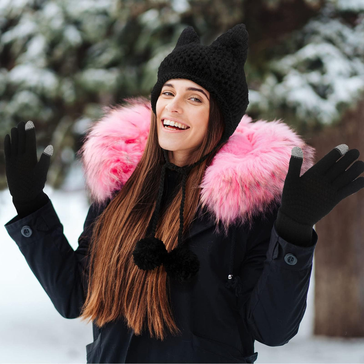 4 Pieces Winter Cat Ear Beanie Knit Hat & Touchscreen Gloves Set for Women - KASTWAVE 2 Cat Ears Hats (White & Black) + 2 Pairs Warm Knit Gloves for Cold Weather, Outdoor & Daily Use
