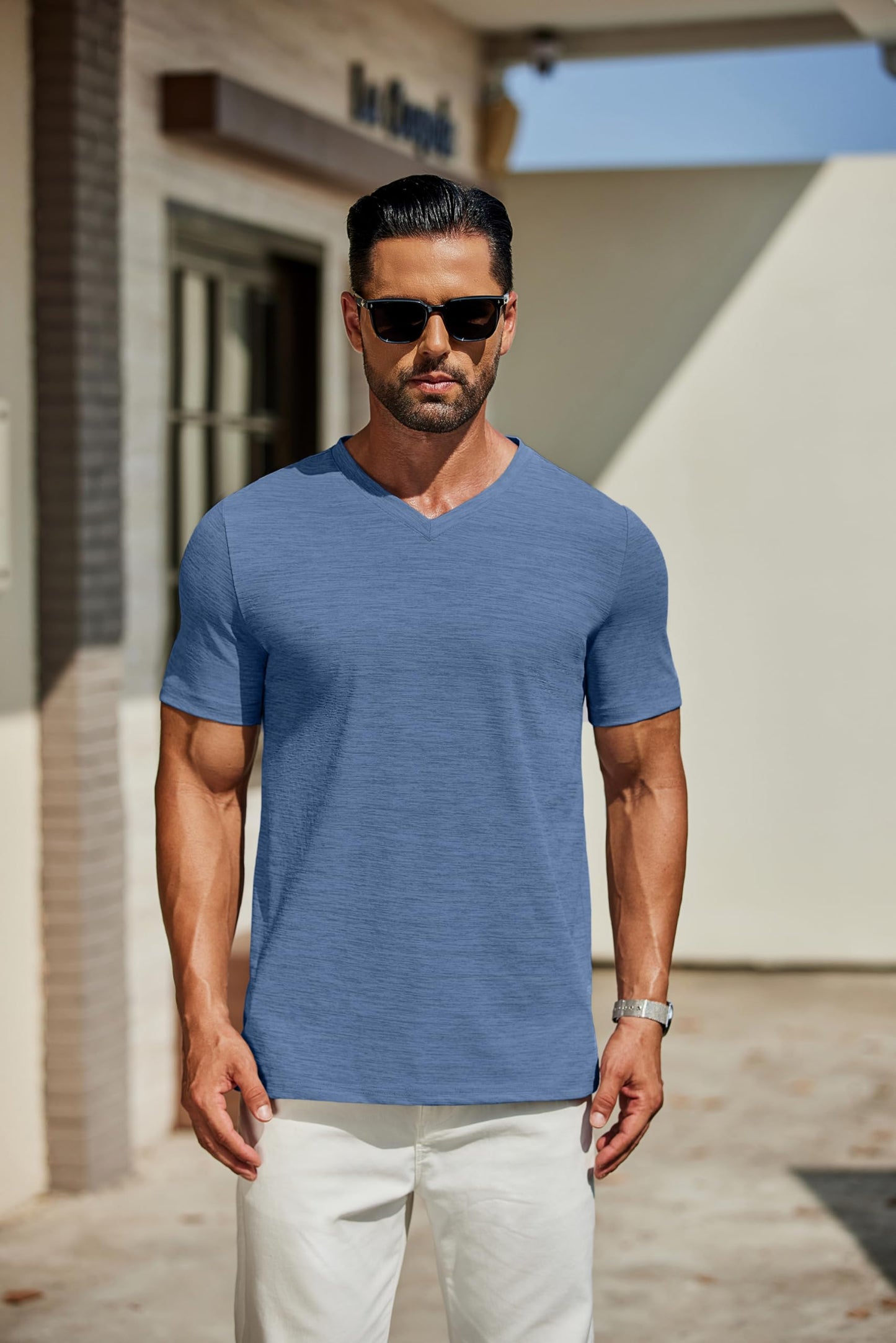 COOFANDY Men's T Shirts Short Sleeve Classic V Neck T-Shirt Casual Summer Basic Tee Shirt Dark Blue - Medaid International