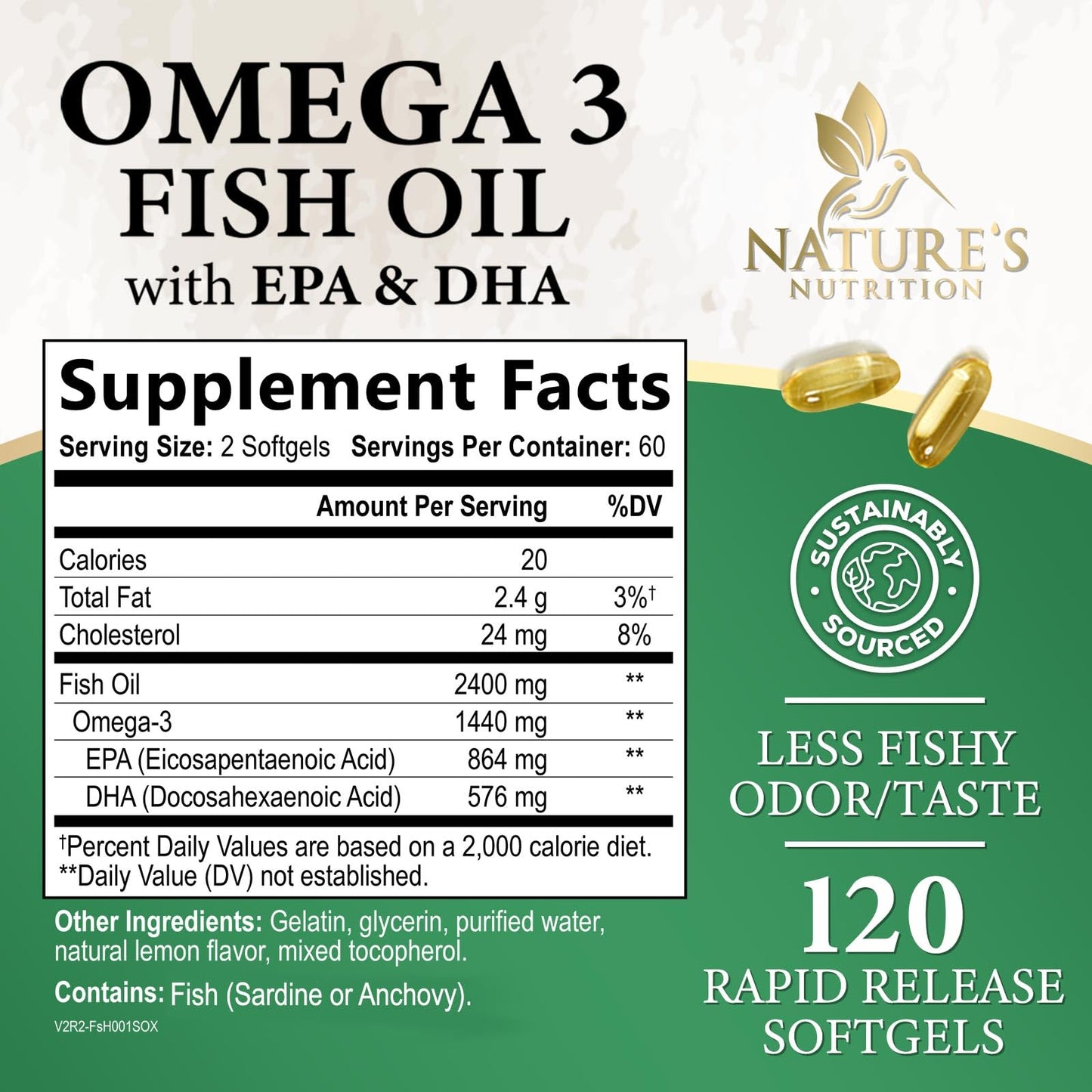 Omega 3 Fish Oil Supplements 2400 mg - Triple Strength Omega3 - EPA & DHA with Essential Fatty Acids - Natural Immune, Brain & Heart Health Support - Burpless, Lemon Flavor, Wild Caught - 120 Softgels - Medaid International