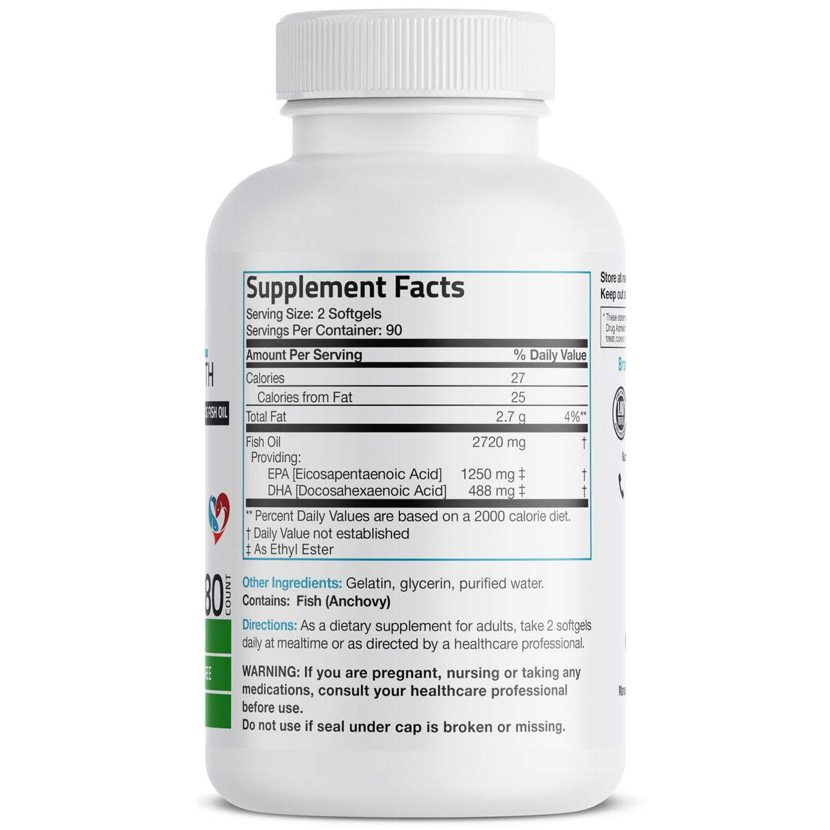 Bronson Omega 3 Fish Oil Triple Strength 2720 mg, High EPA 1250 mg DHA 488 mg, Non-GMO Heavy Metal Tested, 180 Softgels - Medaid International