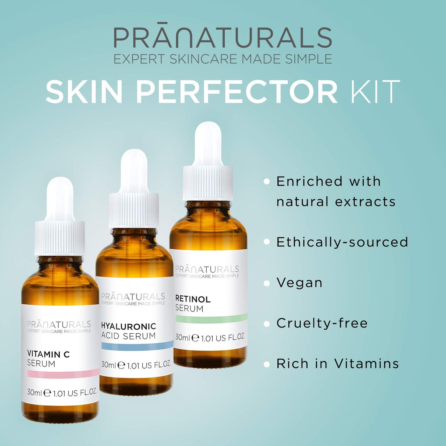 PraNaturals Skin Perfector Face Serum Kit 3x30ml – Hyaluronic Acid, Retinol & Vitamin C – Face Care Anti Ageing Lotion, Reduces fine lines and wrinkles, Enriched with natural oils and vitamins - Medaid International