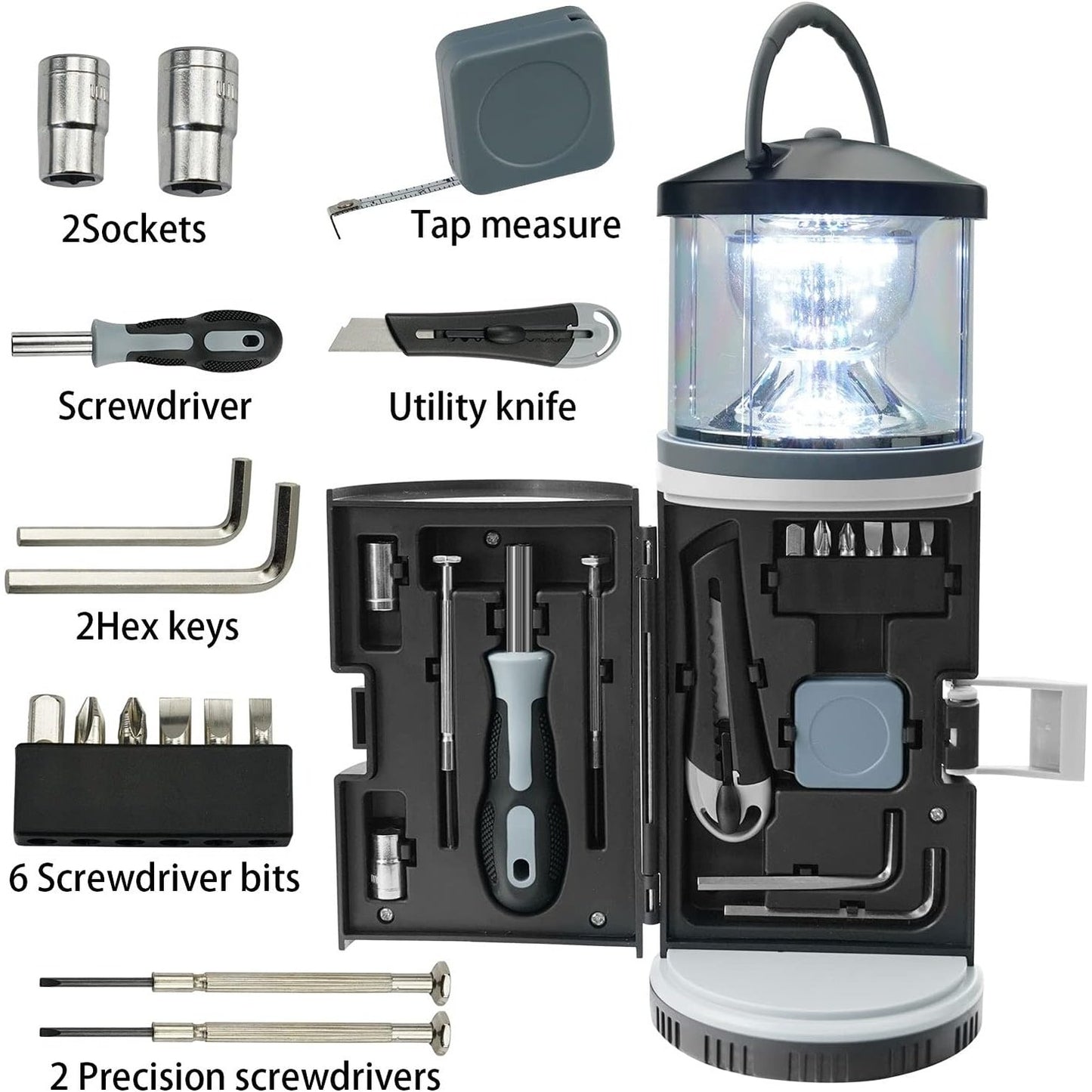 BIGTREE 2 in 1 LED Camping Tool Torch with Screwdriver Set 17 Pieces Tool Household Outdoor Emergency Light Bright Portable Lamp Hardware Tool Set (Camping Light)