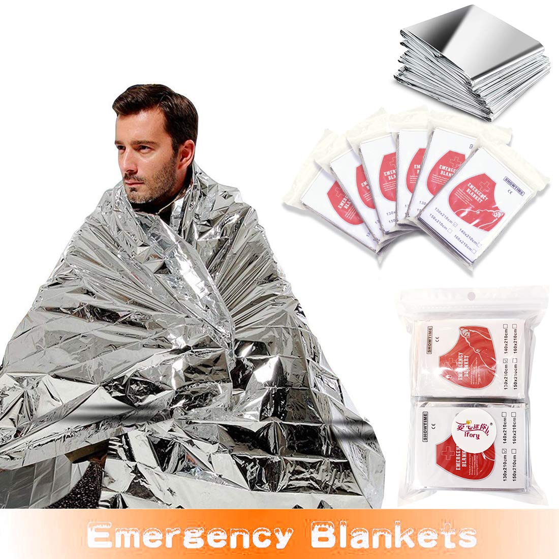 ifory Emergency Mylar Thermal Blankets, Space Blanket Survival kit Camping Blanket, Windproof & Waterproof Shield, High-Visibility Rescue Signal (Pack of 6)