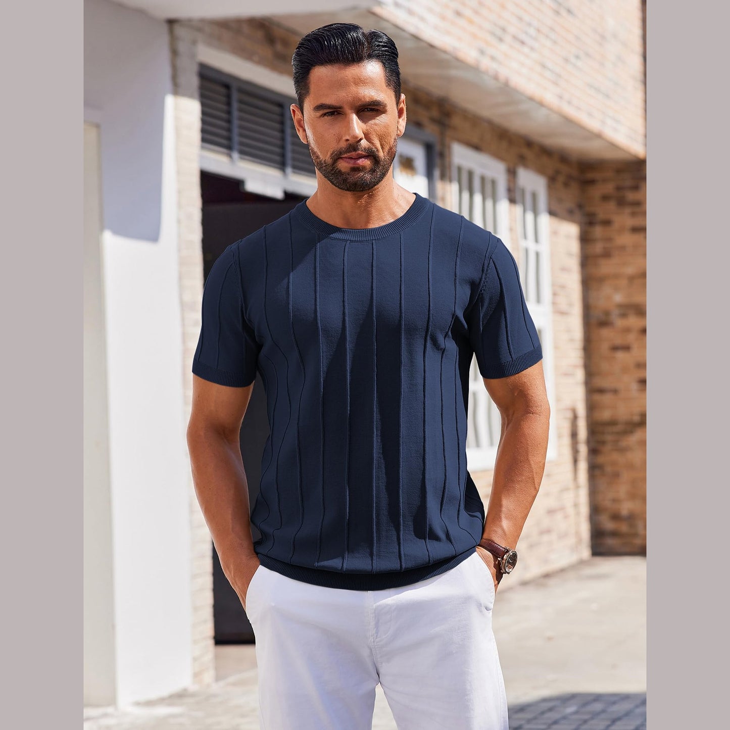 COOFANDY Mens Shirts Casual Short Sleeve Crewneck Sweater Knitted T Shirts Formal Summer Shirts Navy Blue - Medaid International