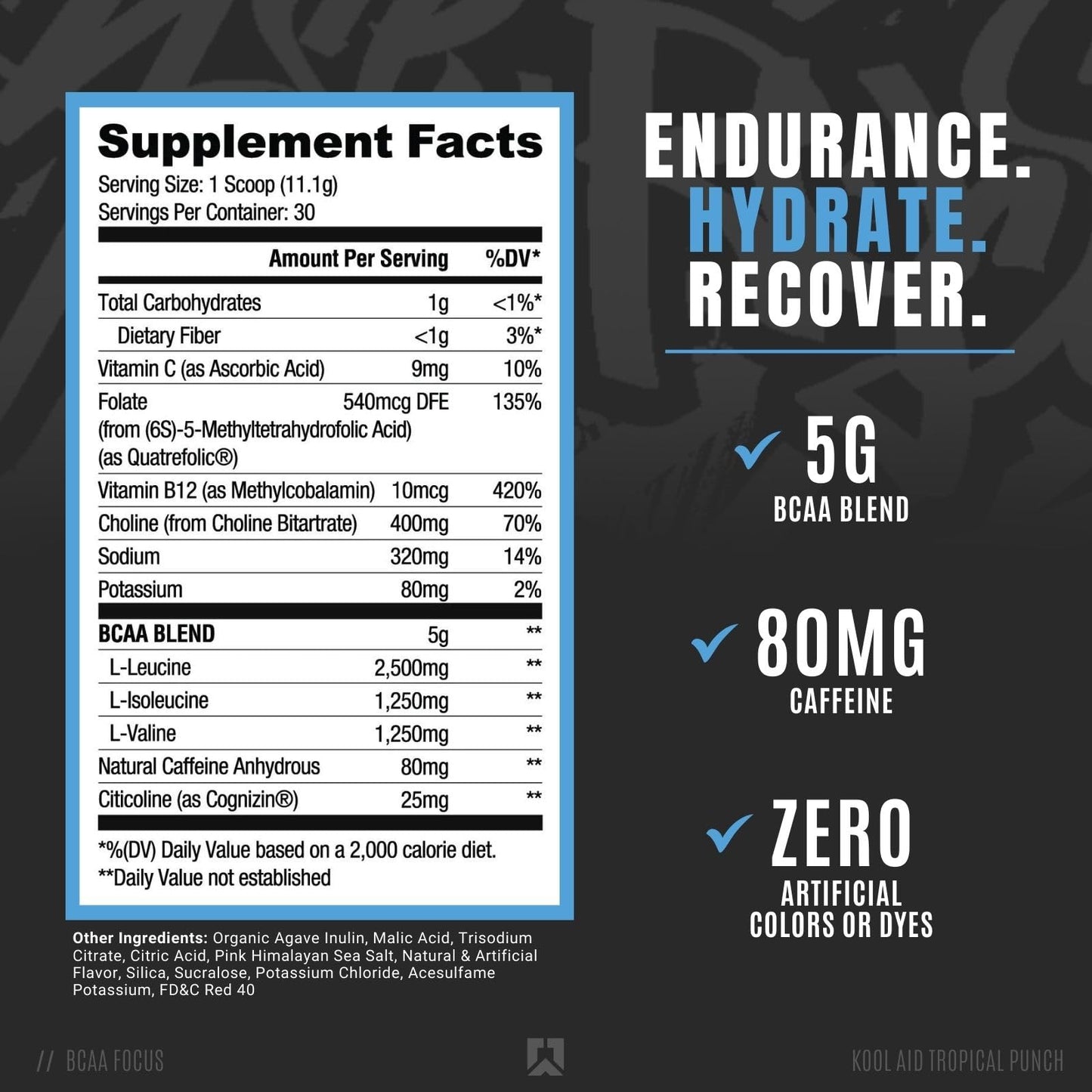 RYSE BCAA Focus Powder - Kool-Aid Tropical Punch - BCAA Supplement with Electrolytes, Natural Caffeine & Cognizin Supports for Hydration, Recovery, Energy, and Focus for Men & Women - 30 Servings - Medaid International