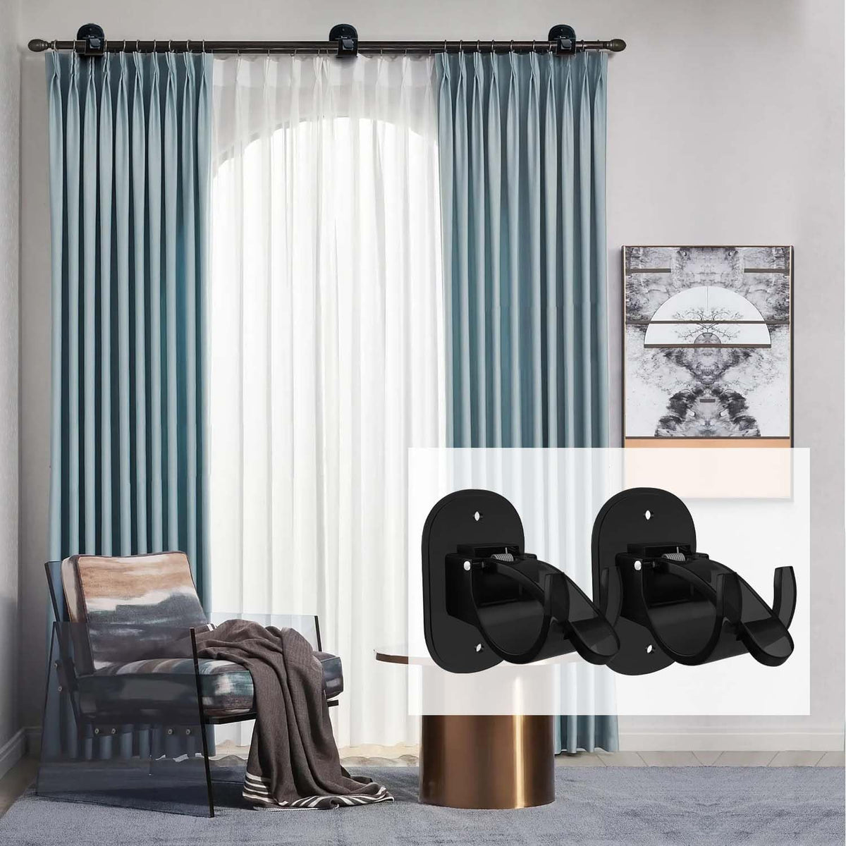 Terrifi Self Adhesive Curtain Rod Brackets, 4 Pcs Universal Plastic Holders, No Drill Hooks, For Bathroom, Bedroom, Livingroom, Kitchen (Black)