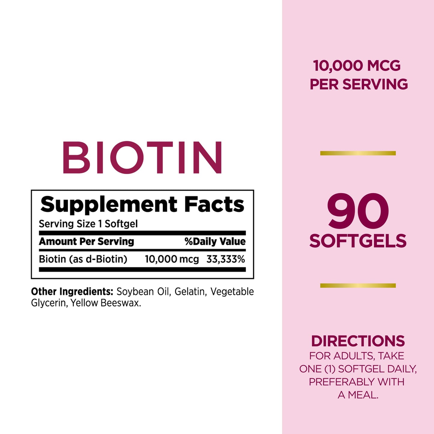 Nature's Bounty Biotin 10000mcg Supplement, Supports Healthy Hair, Skin and Nails, Optimal Solutions Hair Vitamin with Biotin, 90 Rapid Release Liquid Softgels - Medaid International