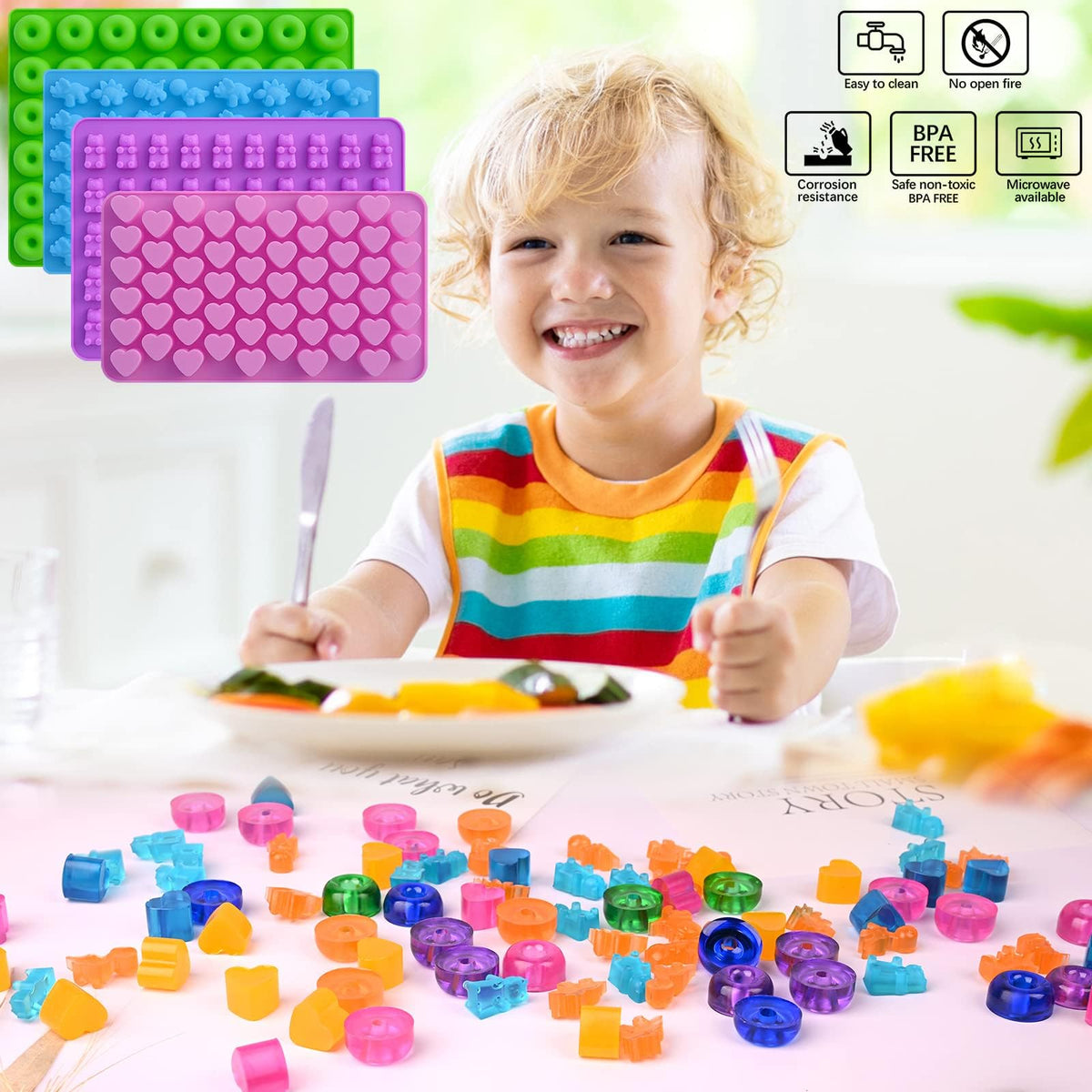 KASTWAVE Gummy Candy Molds Silicone with 2 Droppers Pack of 4 Mini Silicone Molds Including Dinosaur, Bear Shape, Hearts and Donut Gummie Chocolate Molds for Kids